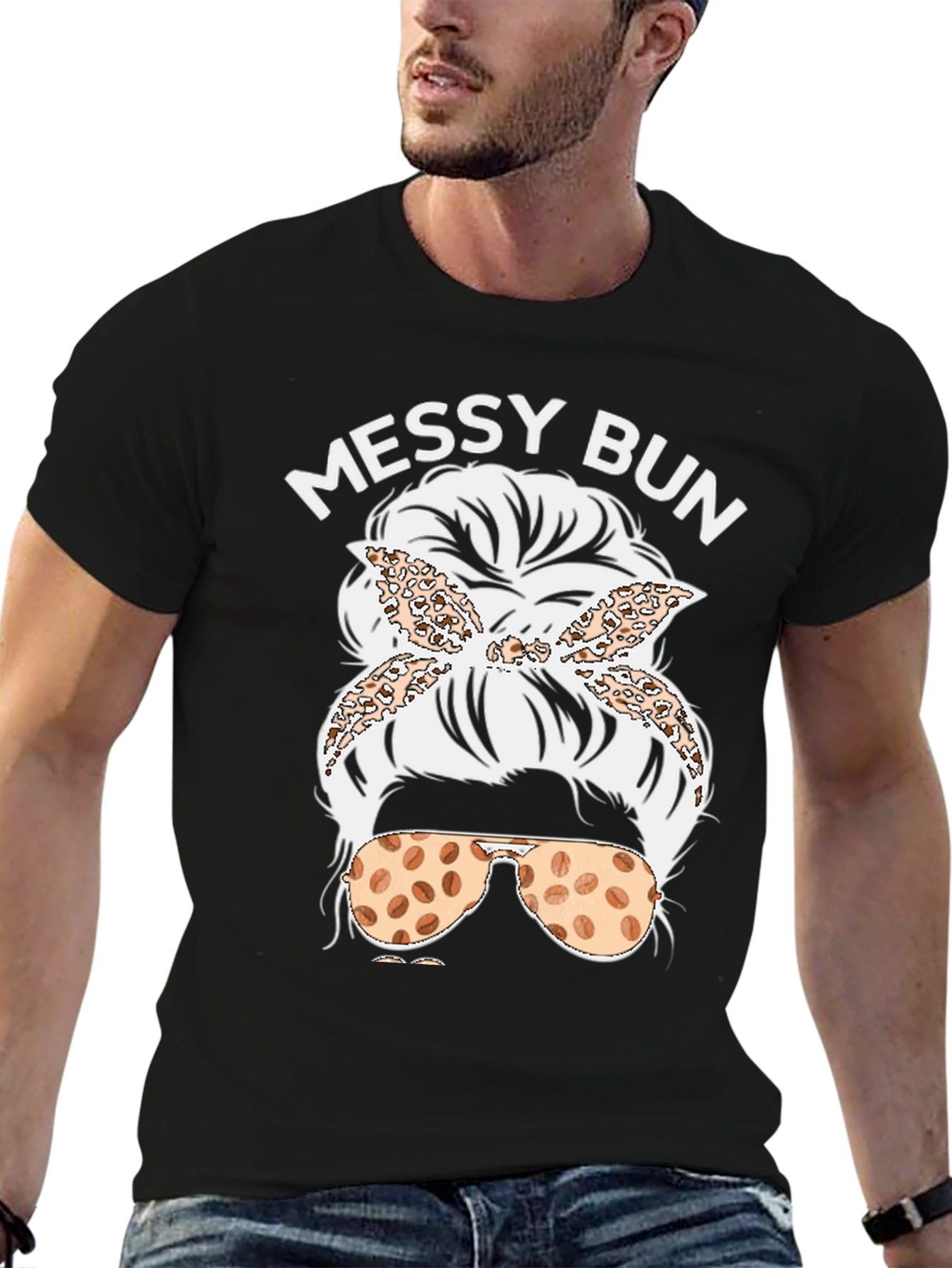 Black Messy Bun Coffee Bean Sunglasses T-Shirt view 6