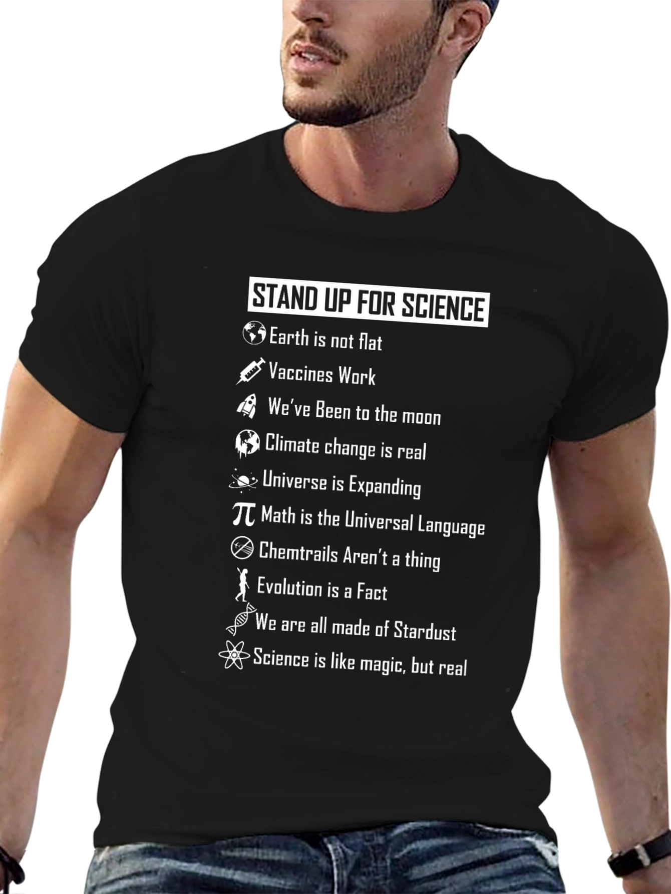 Black Stand Up For Science T-Shirt - Earth Not Flat view 6