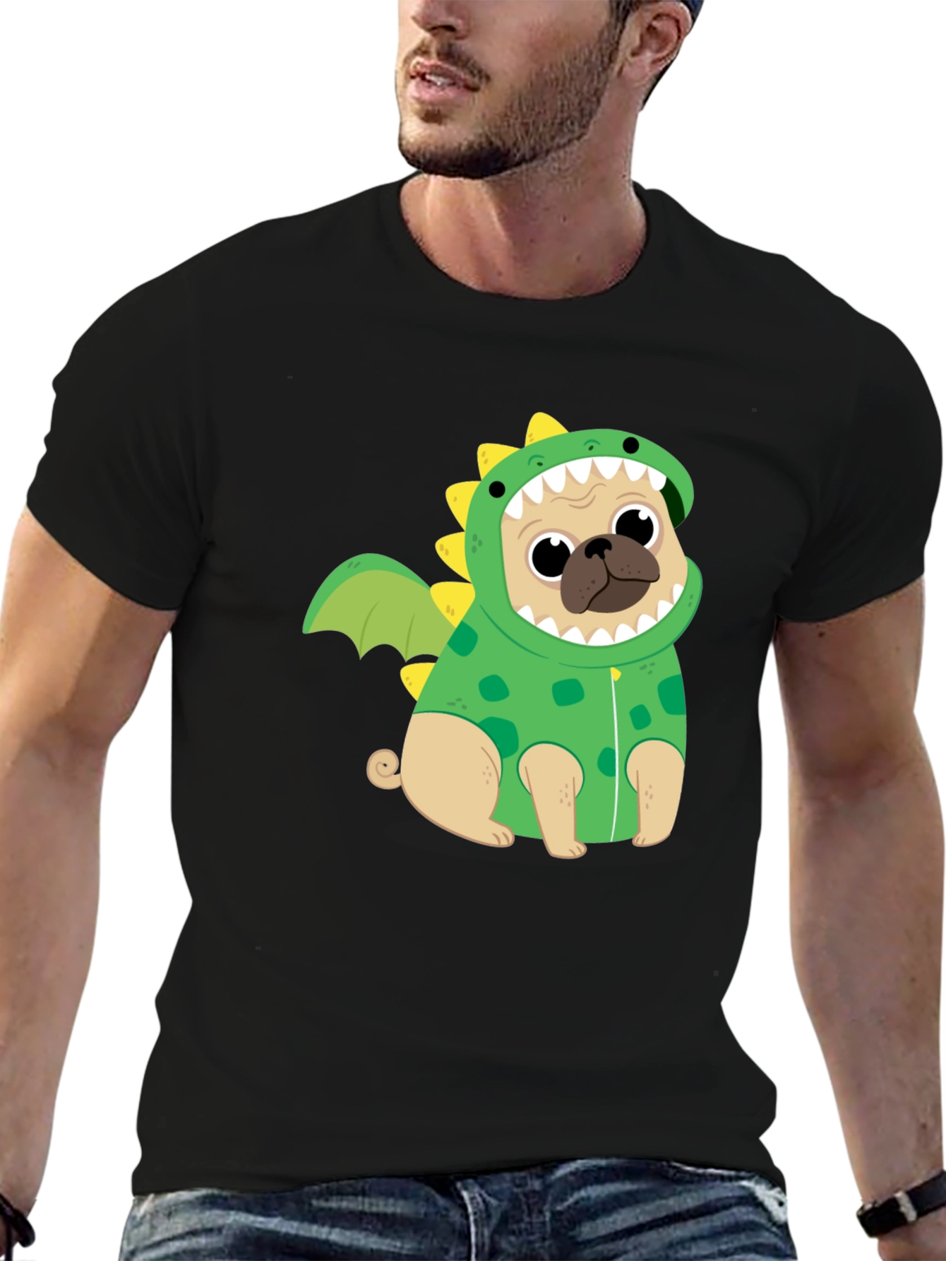 Black Pug Dinosaur Costume T-Shirt view 6