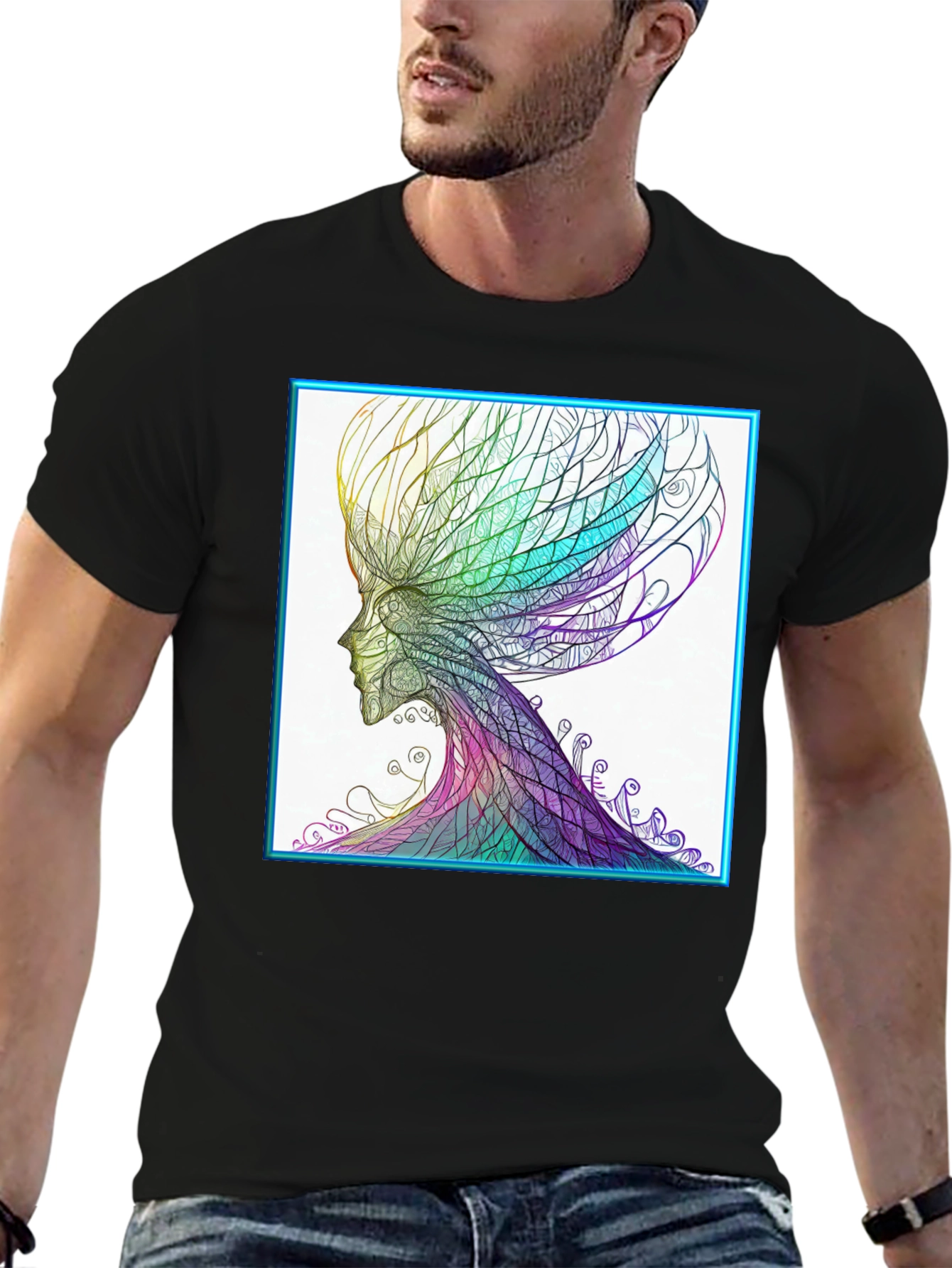 Black Abstract Art Tee - Colorful Head Design view 6