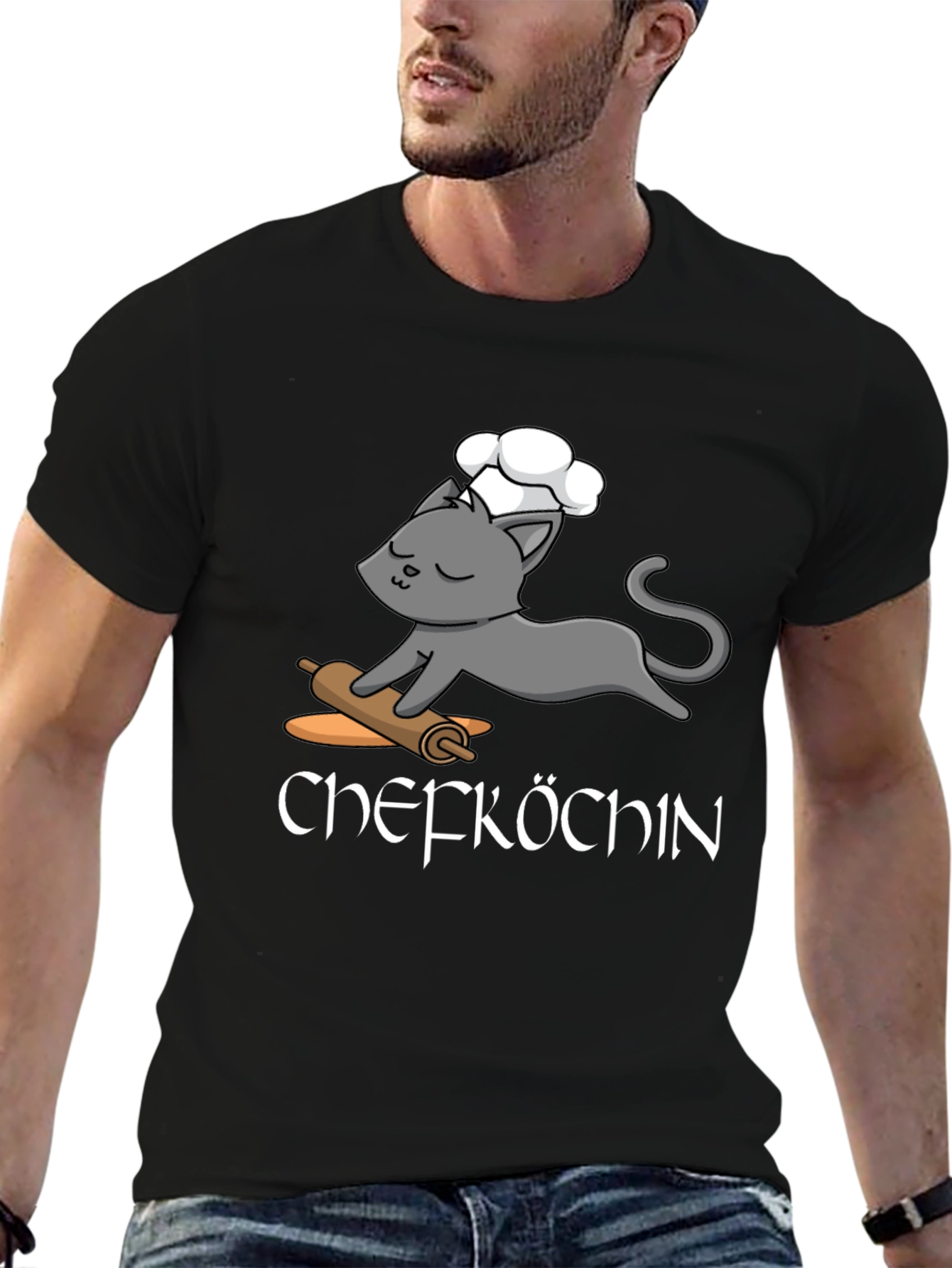 Black Chefkoch T-Shirt - Cute Cat Baker Design view 6