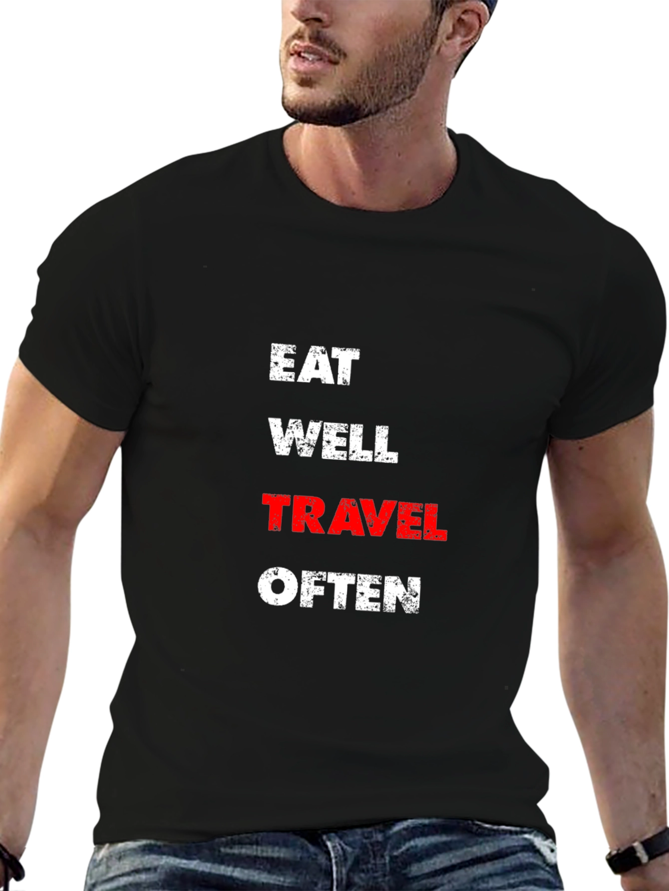 Black Eat Well Travel Often Black T-Shirt view 6