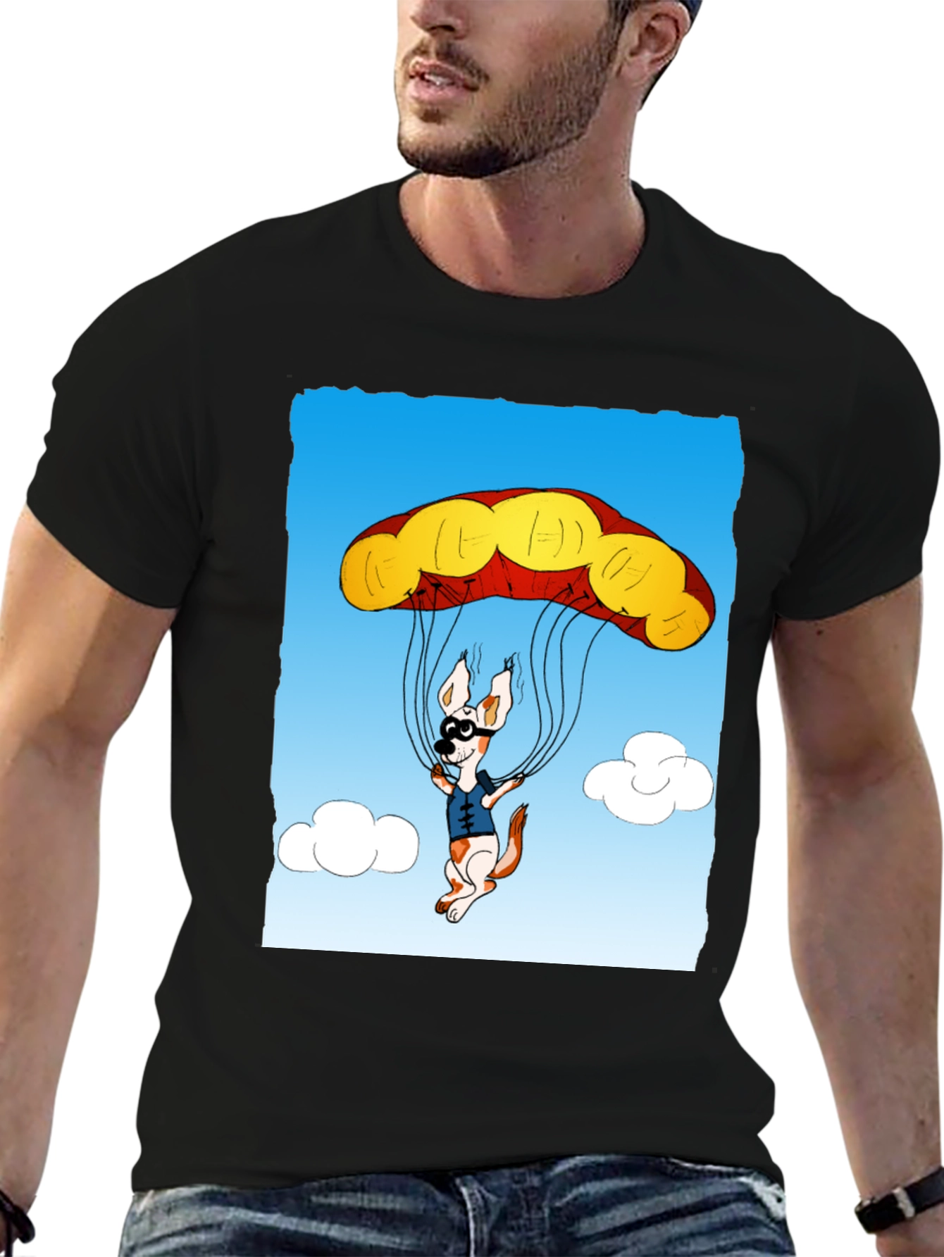 Black Parachuting Dog Graphic Tee - Black Cotton T-Shirt view 6