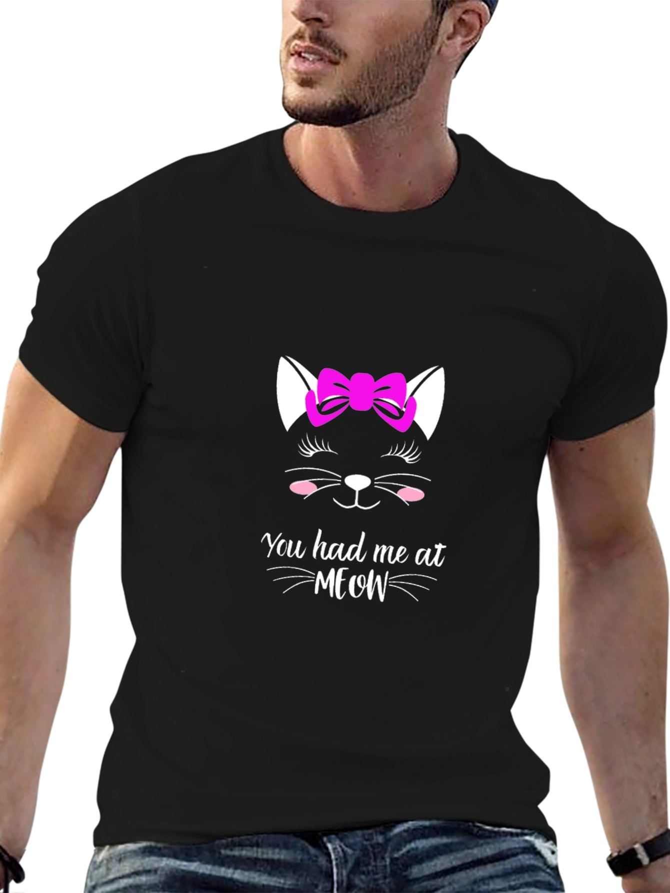 Black Cat Meow Graphic Black T-Shirt for Men view 6