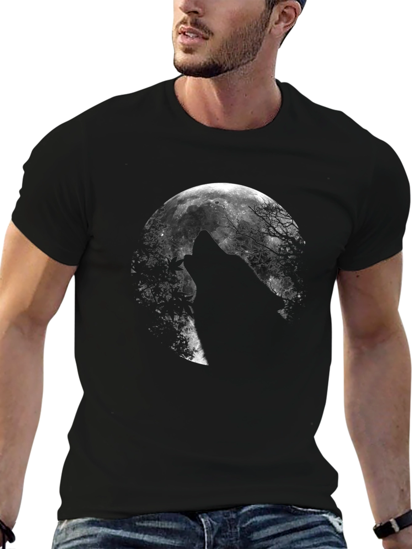 Black Wolf Moon Graphic T-Shirt - Black Cotton Tee view 6