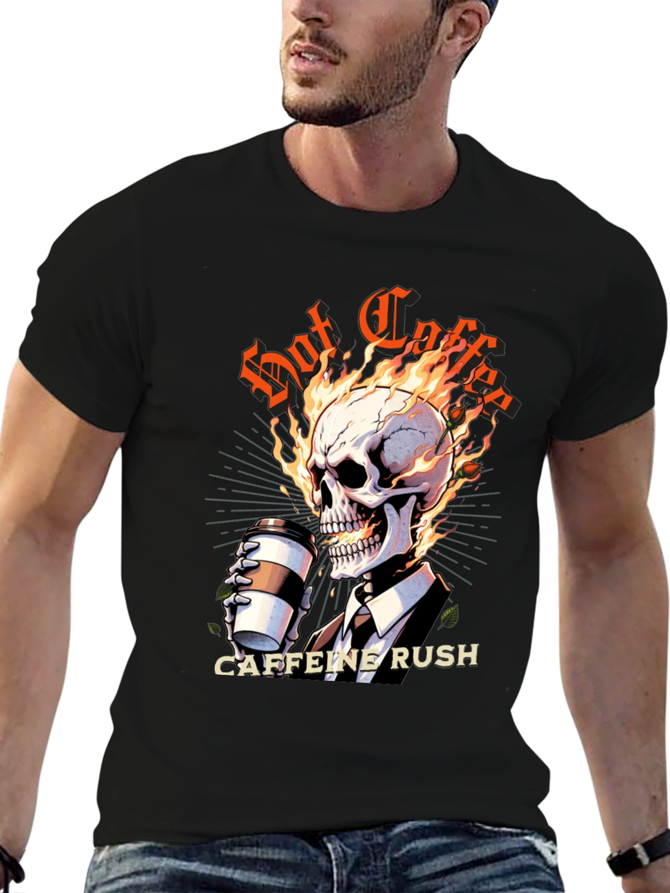 Black Hot Coffee Caffeine Rush Graphic T-Shirt view 6