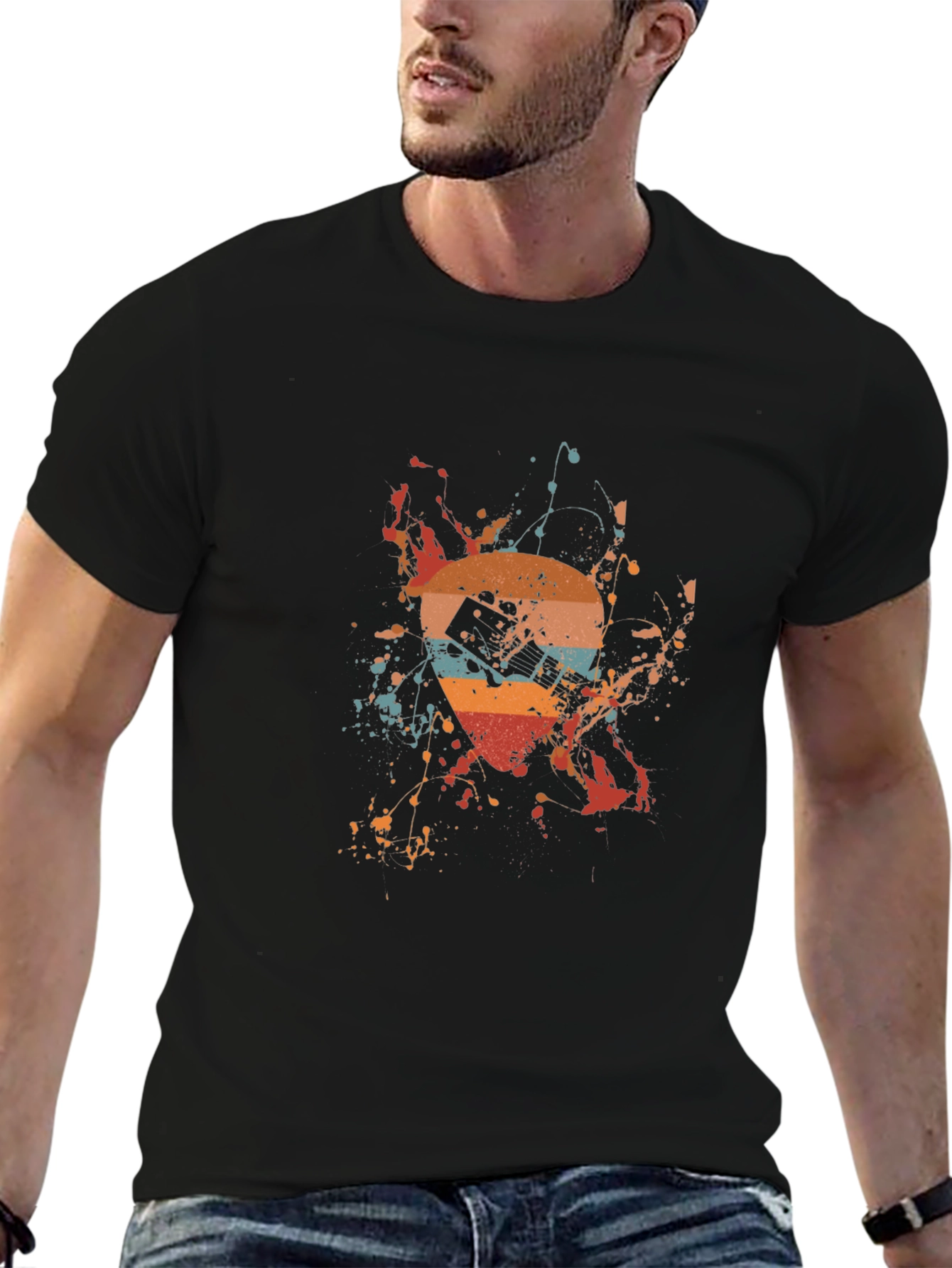 Black Retro Guitar Splash Graphic Tee - Unique Design view 6