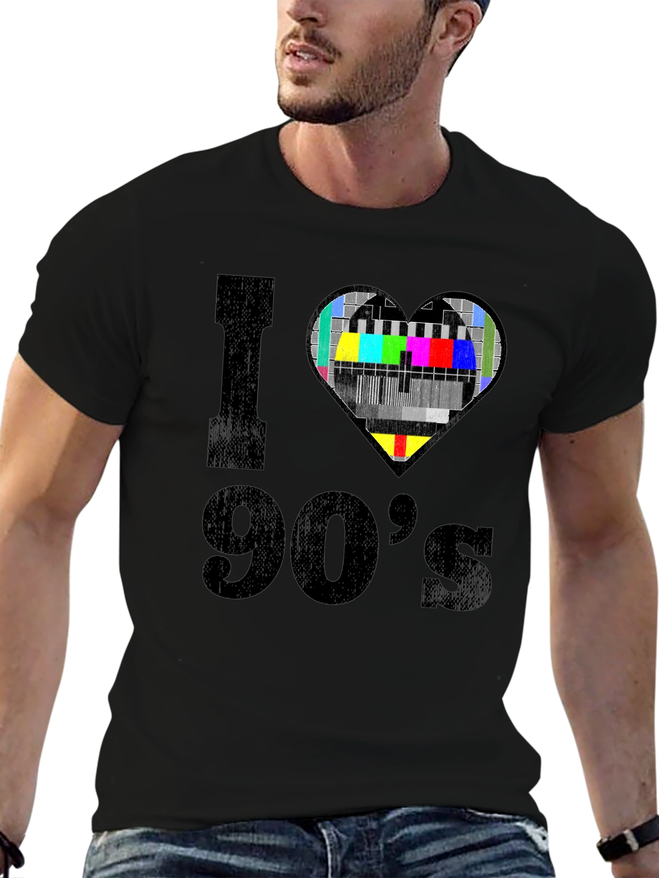 Black I Love 90's T-Shirt - Nostalgic TV Heart Design view 6
