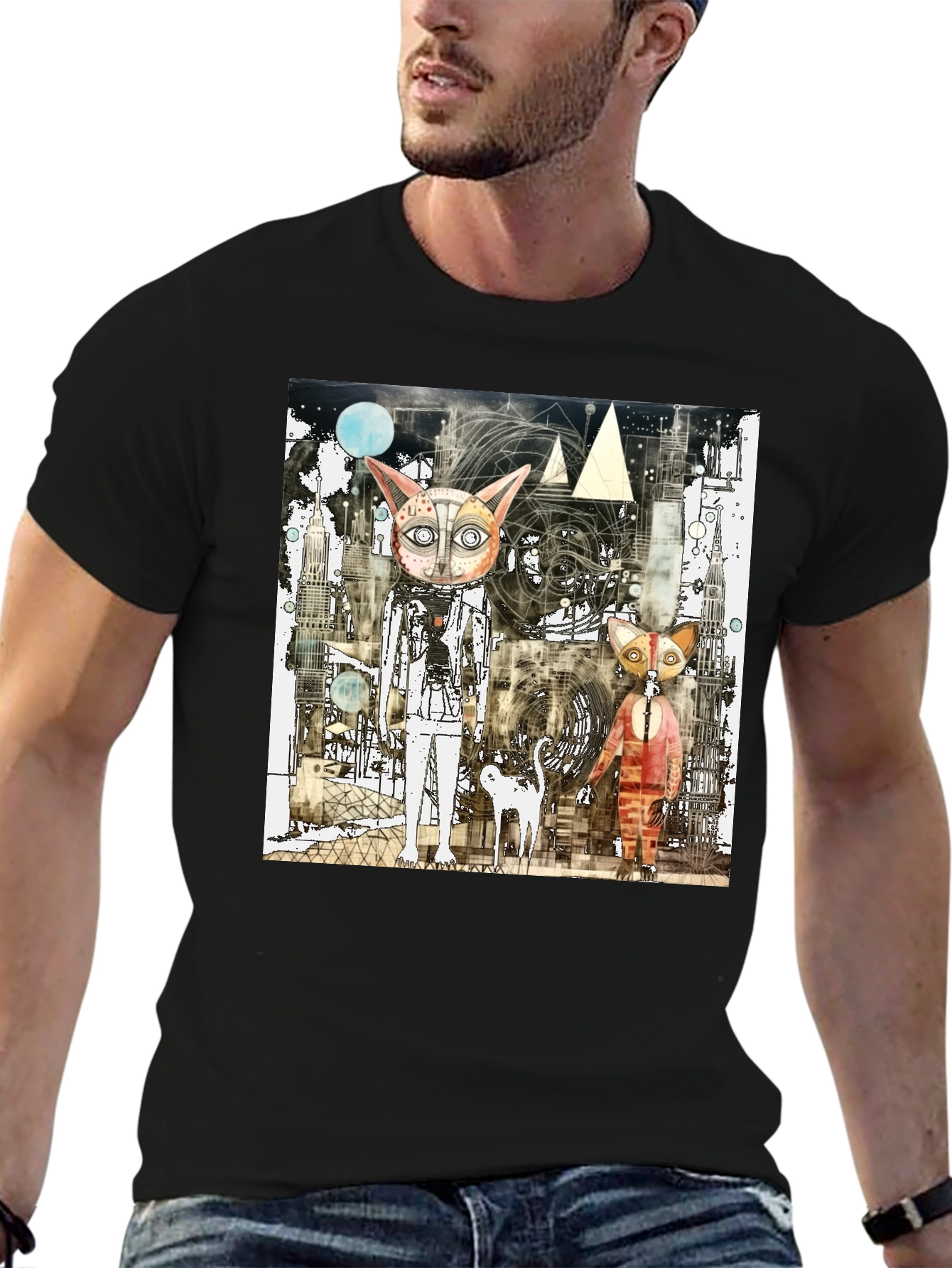 Black Abstract Cat Graphic Print Black T-Shirt view 6