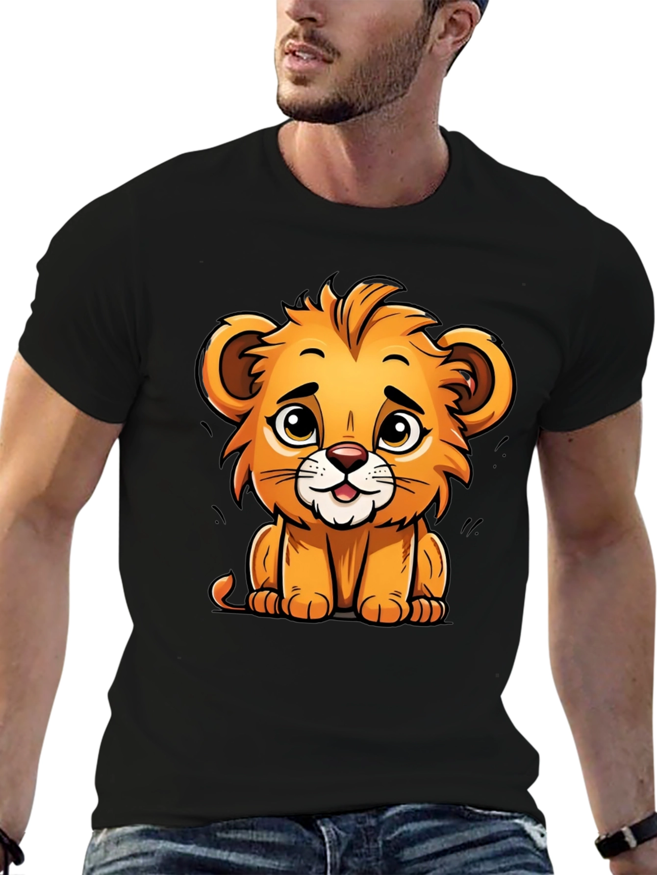 Black Cute Lion Cartoon T-Shirt - Soft Cotton Tee view 6
