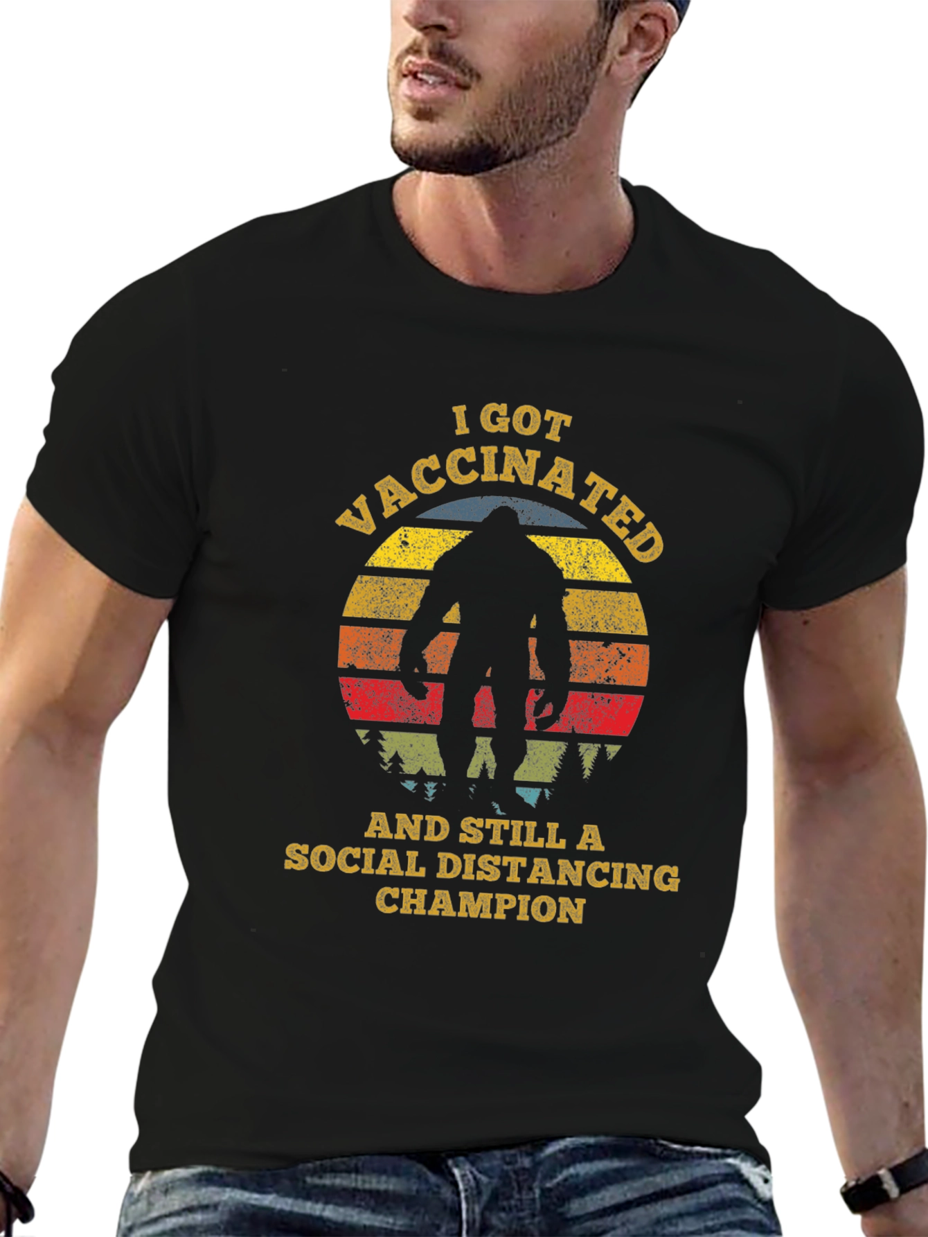 Black Vaccinated Social Distancing Champion Bigfoot T-Shirt view 6