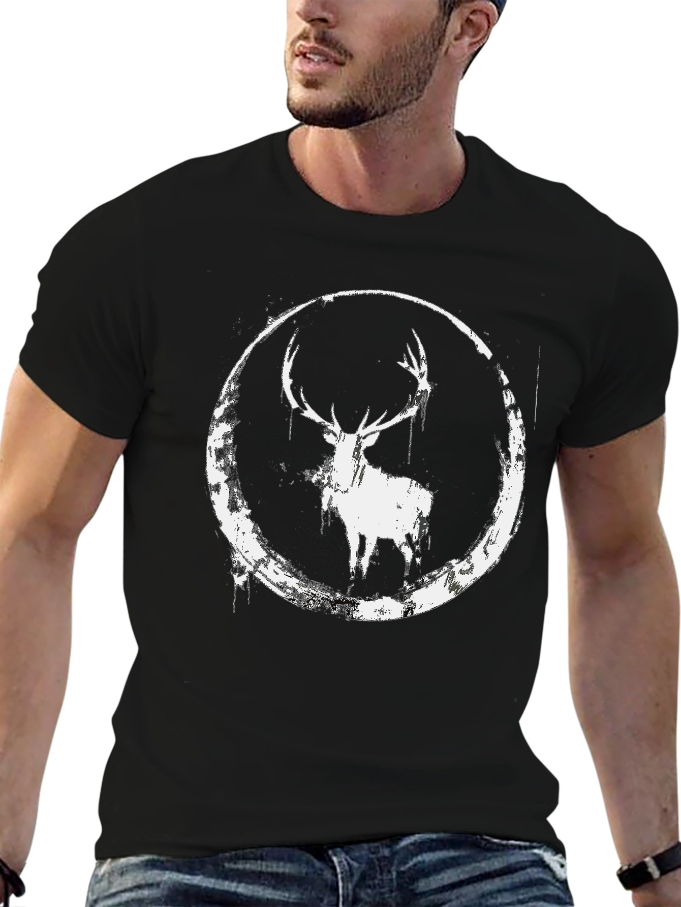 Black Deer Circle Graphic Black T-Shirt view 6