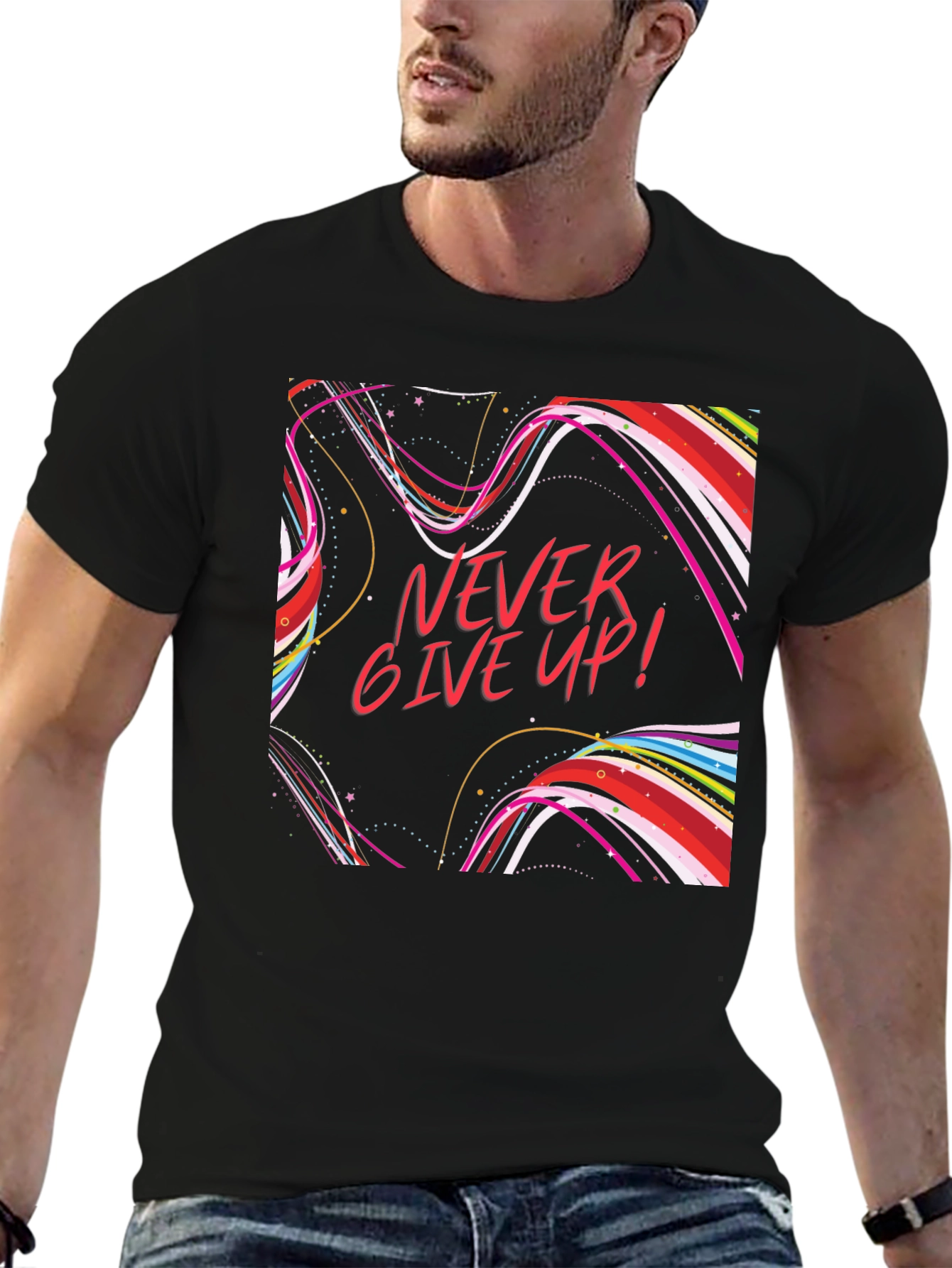 Black Never Give Up Graphic T-Shirt Black Cotton view 6
