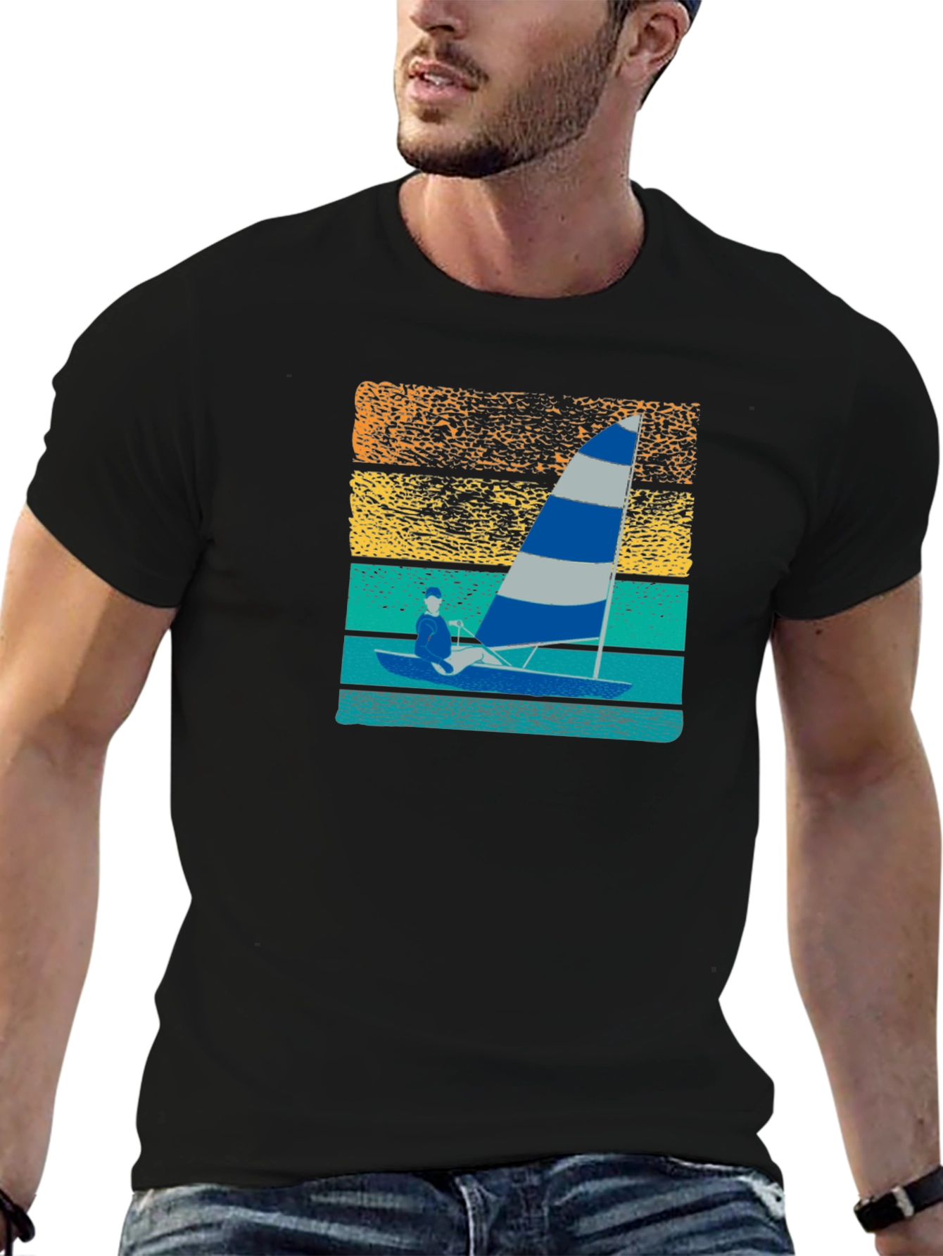 Black Sailing T-Shirt with Retro Sunset Design view 6