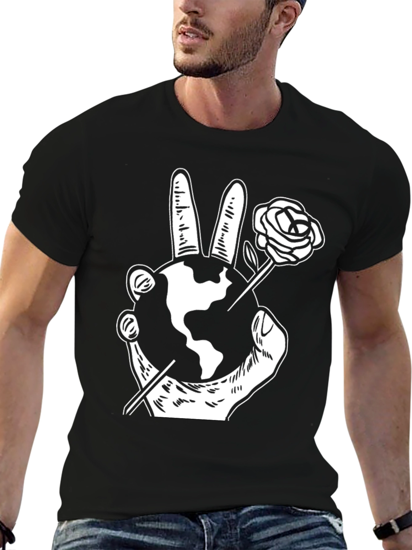 Black Peace Earth Rose Graphic T-Shirt view 6