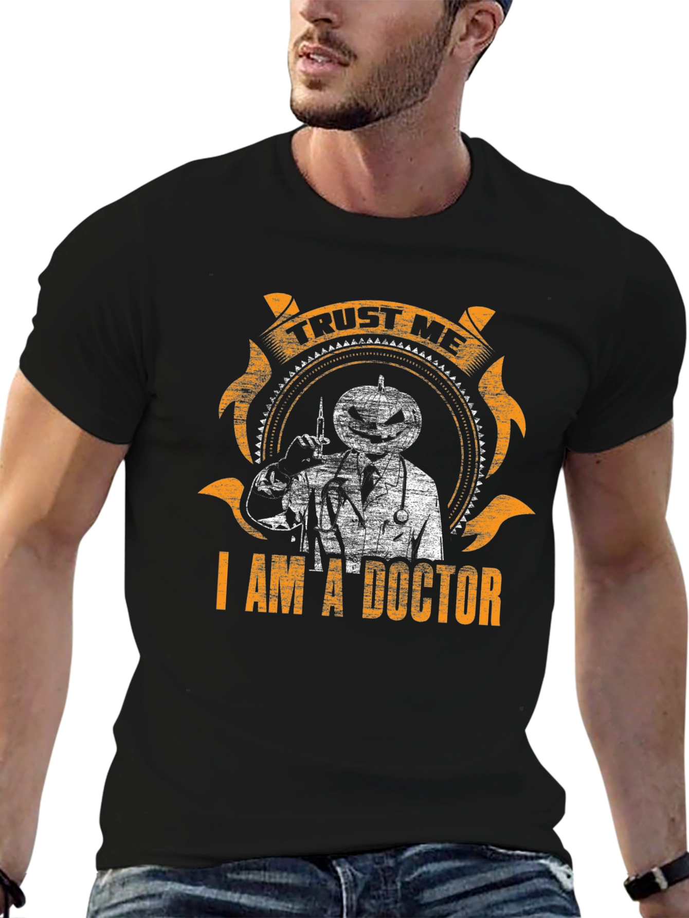 Black Trust Me I'm A Doctor Halloween Pumpkin T-Shirt view 6