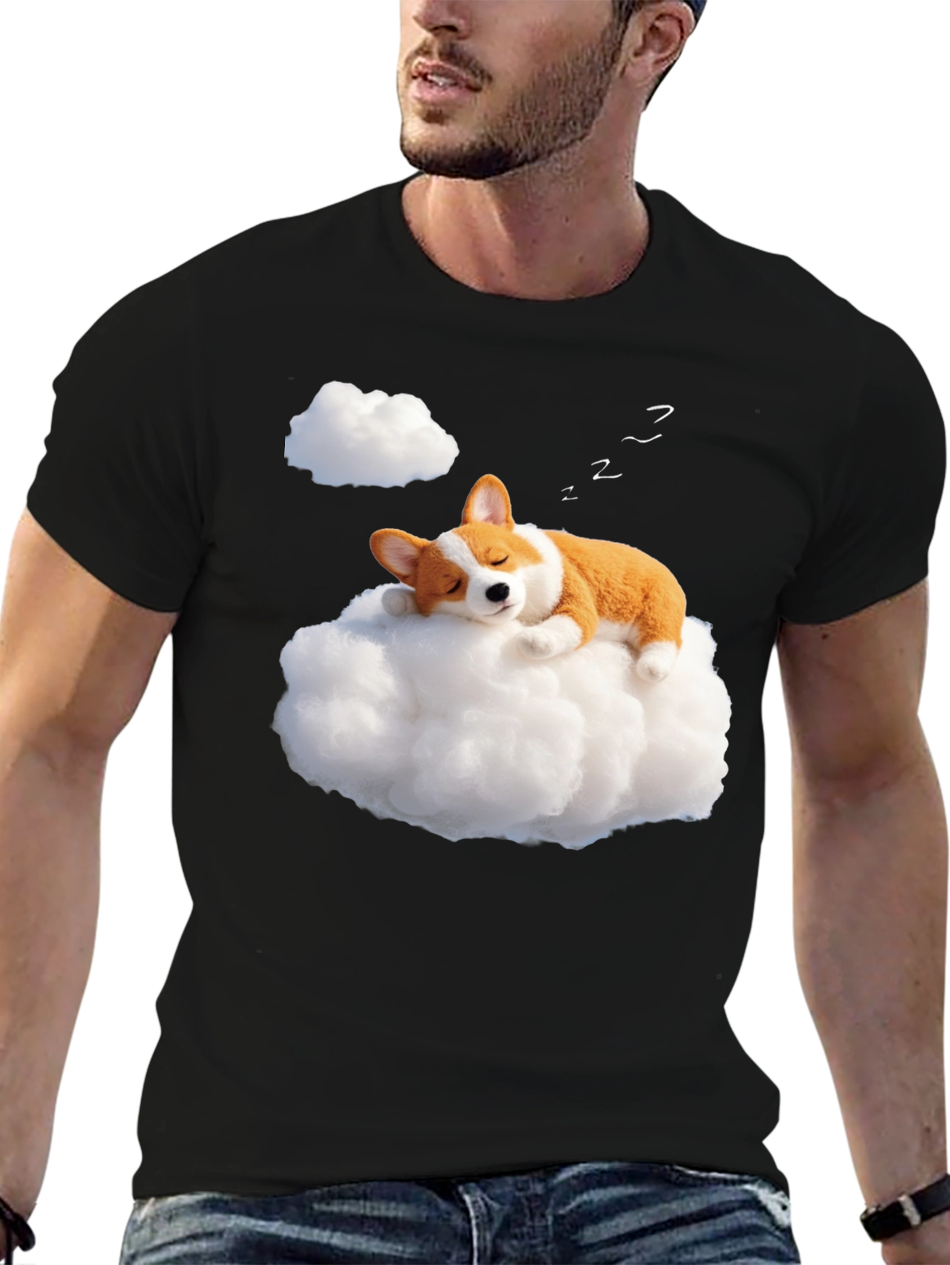 Black Dreamy Corgi Cloud Nap Black T-Shirt view 6