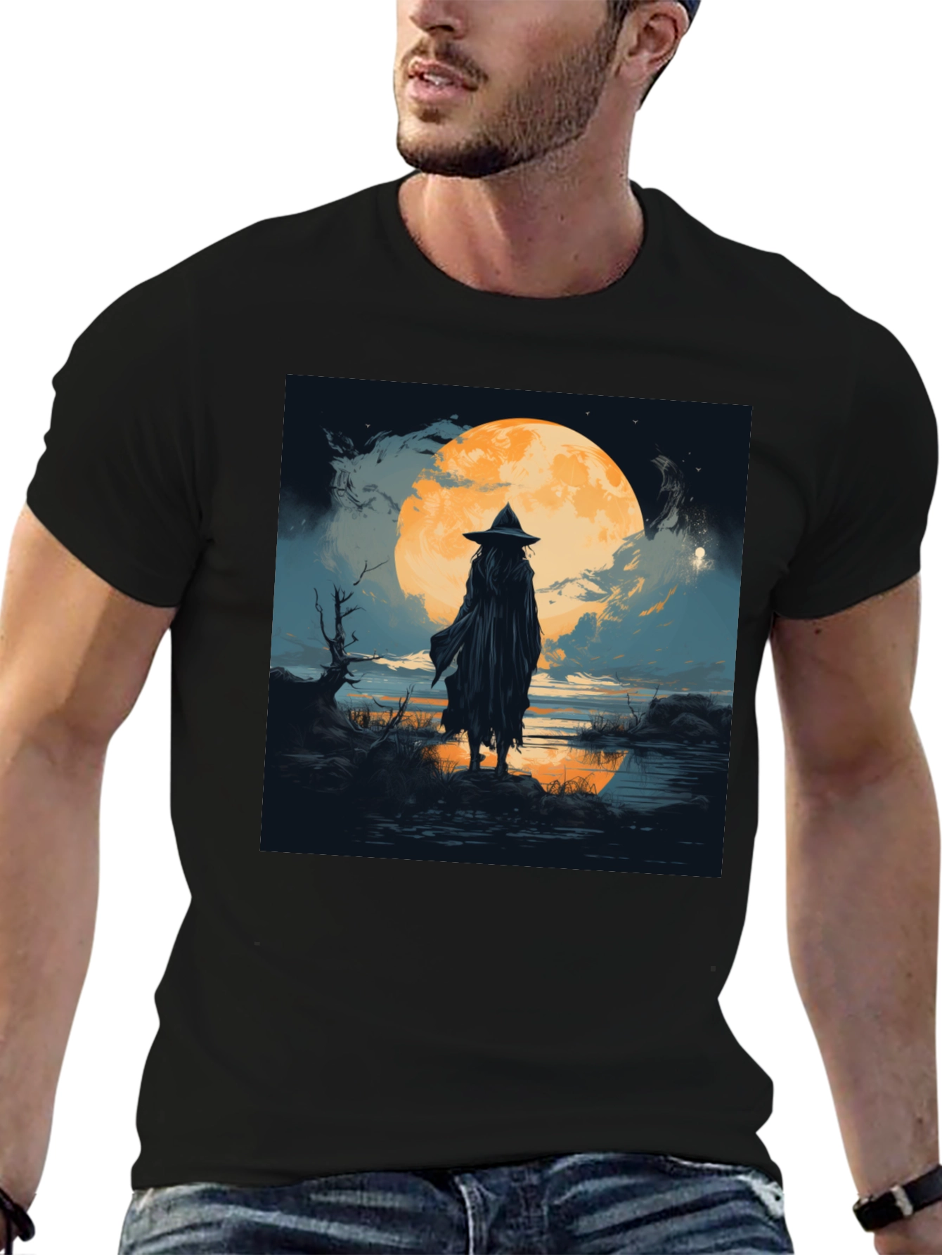 Witch at Moonlight Graphic Tee - Men's Black T-Shirt - 6