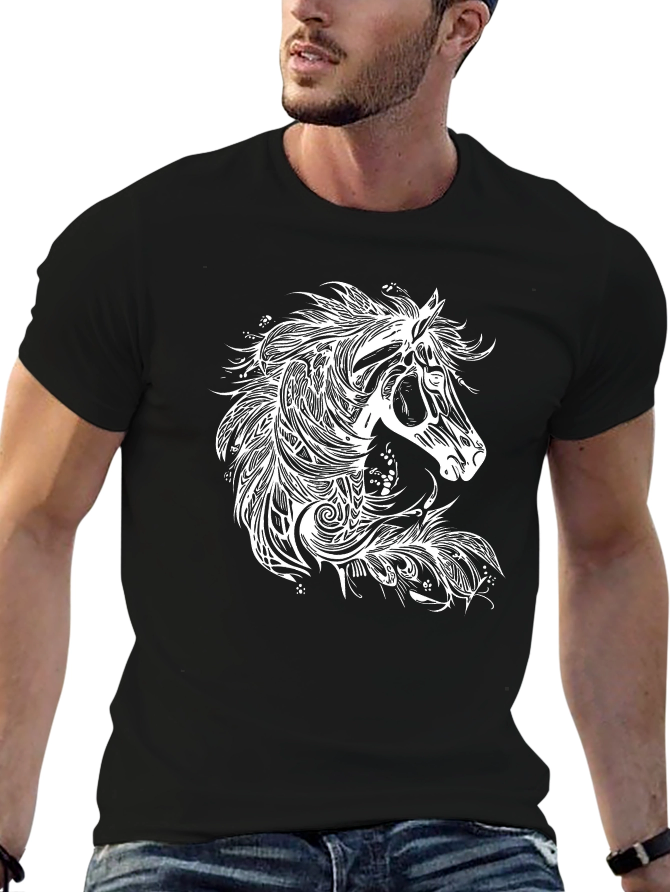 Black Horse Graphic Tee - Black Cotton T-Shirt view 6