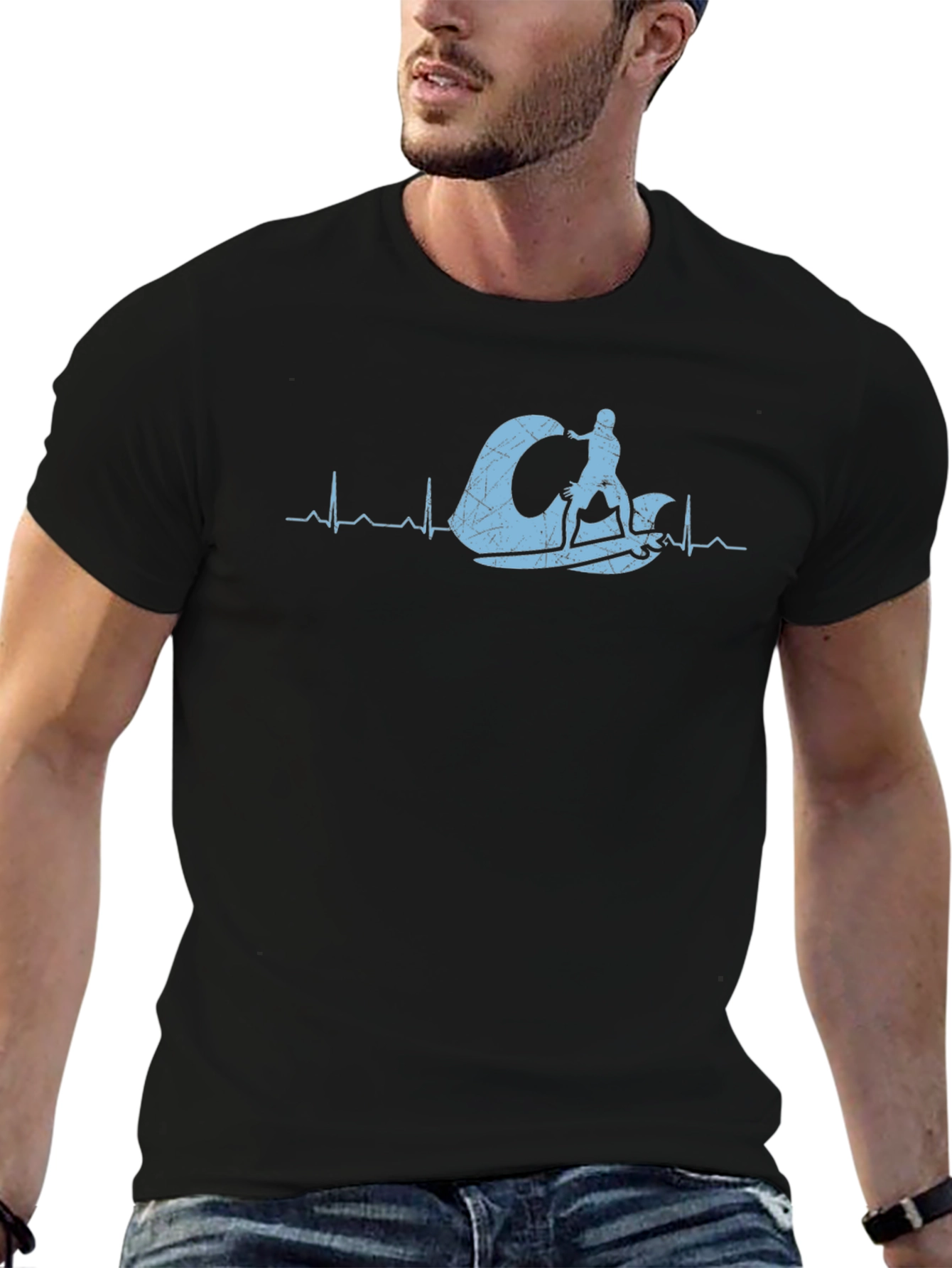 Black Kitesurfing Heartbeat T-Shirt - Black Cotton Tee view 6