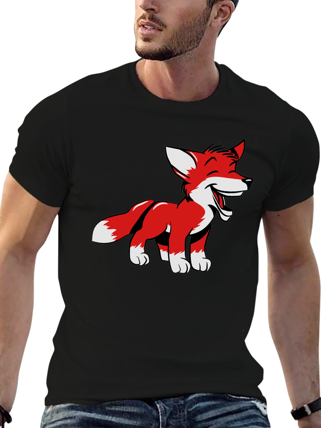 Black Cartoon Fox Graphic Tee - Black Cotton Blend view 6