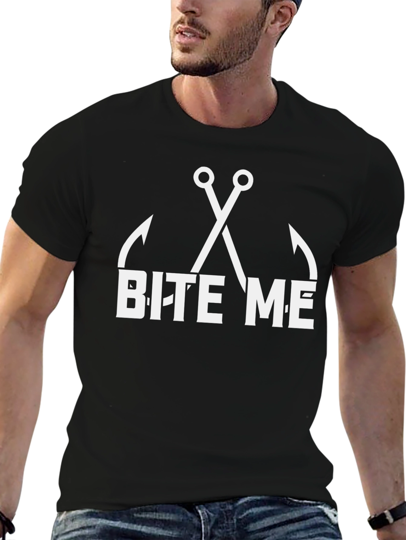 Black Bite Me Fishing Hook T-Shirt - Funny Angler Tee view 6