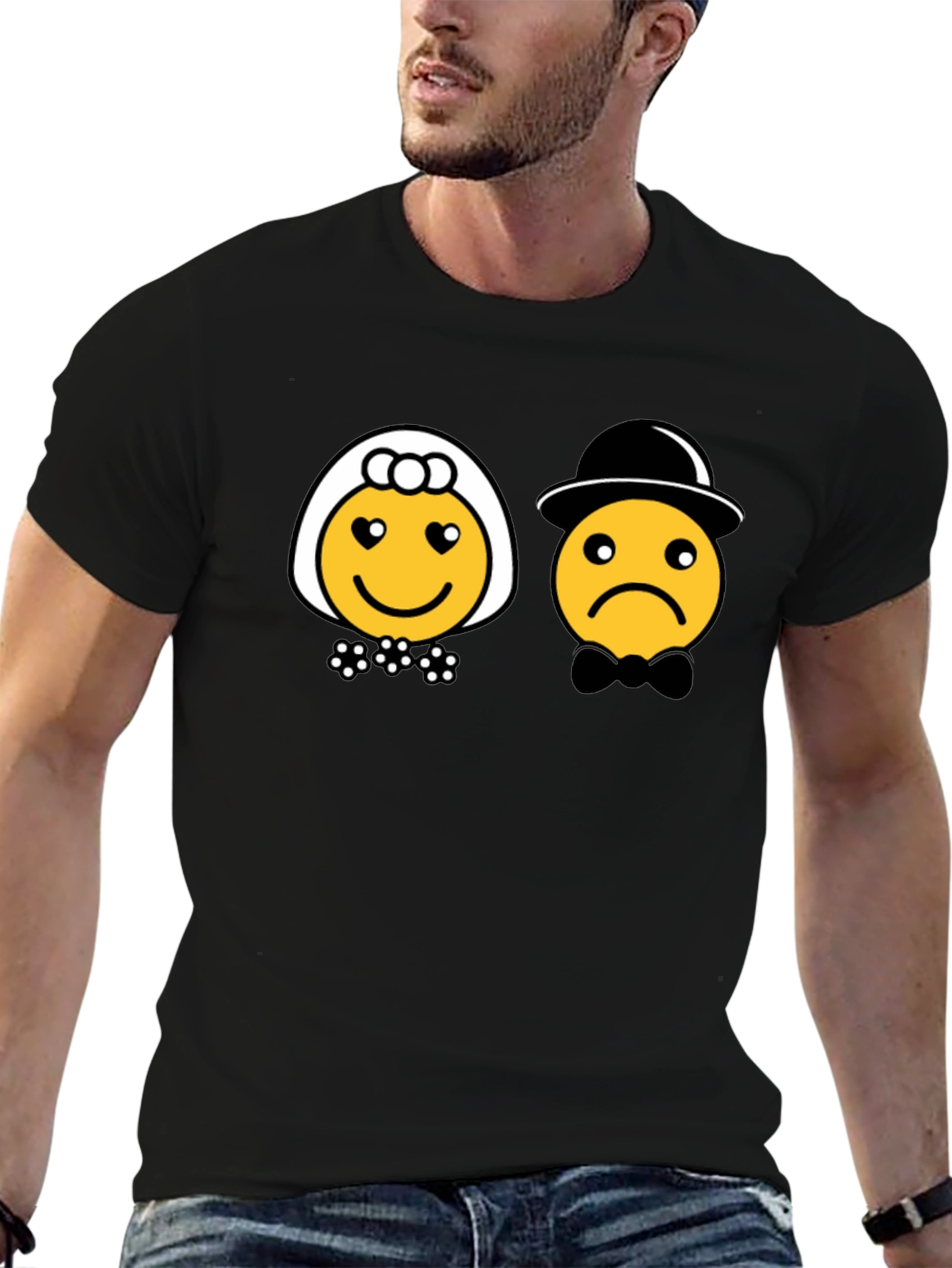 Black Bride & Groom Emoji Black T-Shirt - Funny Wedding Tee view 6