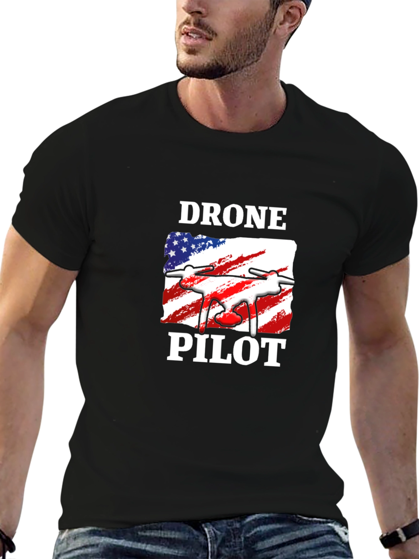 Black Drone Pilot T-Shirt - American Flag Design view 6