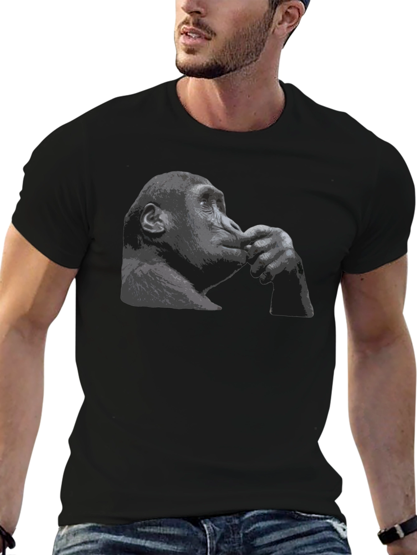 Black Thinking Chimpanzee Graphic T-Shirt view 6