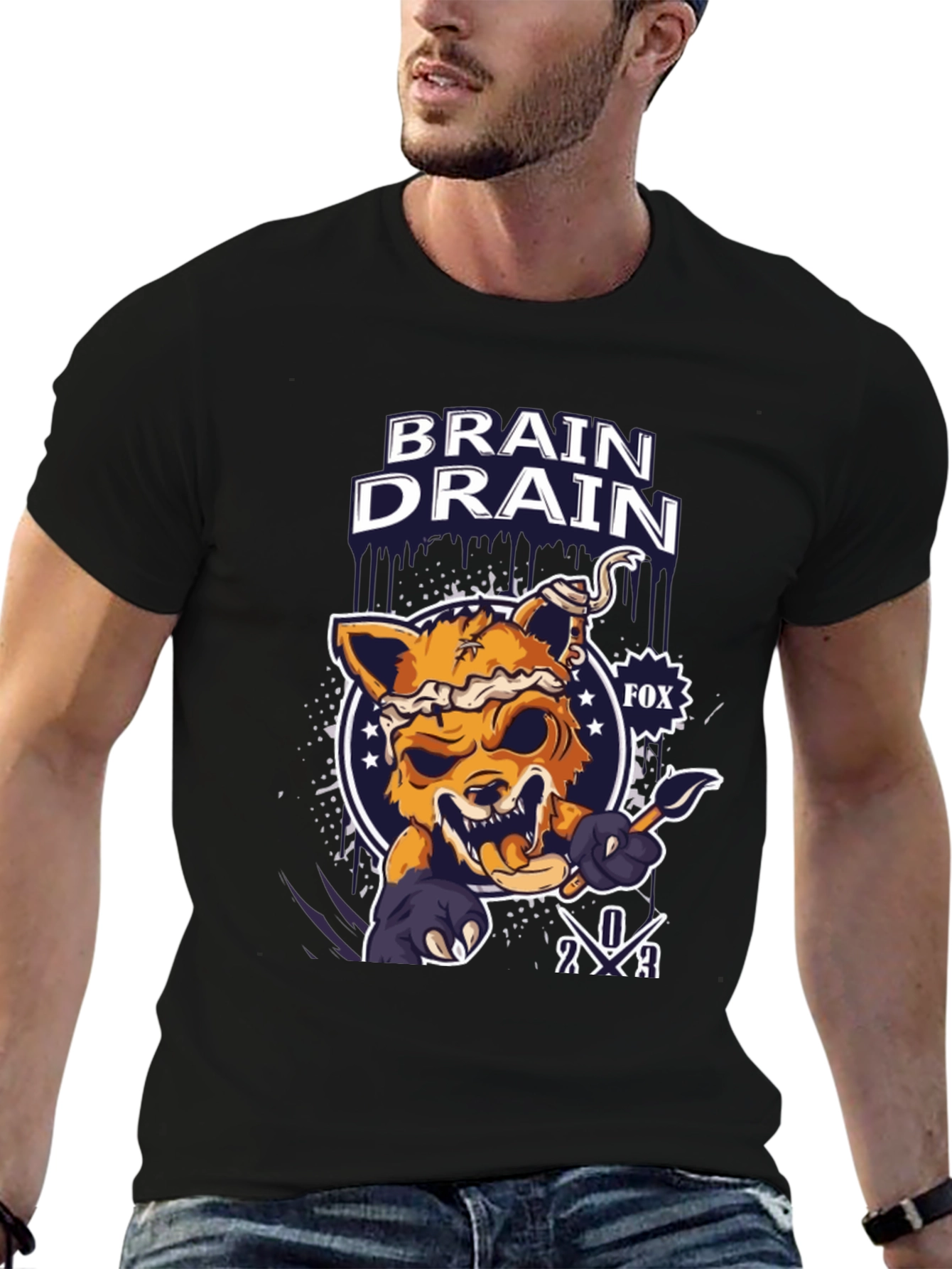 Black Brain Drain Fox Graphic T-Shirt view 6
