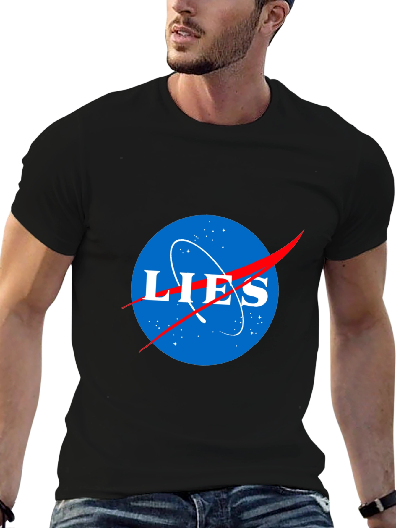 Black LIES NASA Parody T-Shirt - Conspiracy Humor Tee view 6
