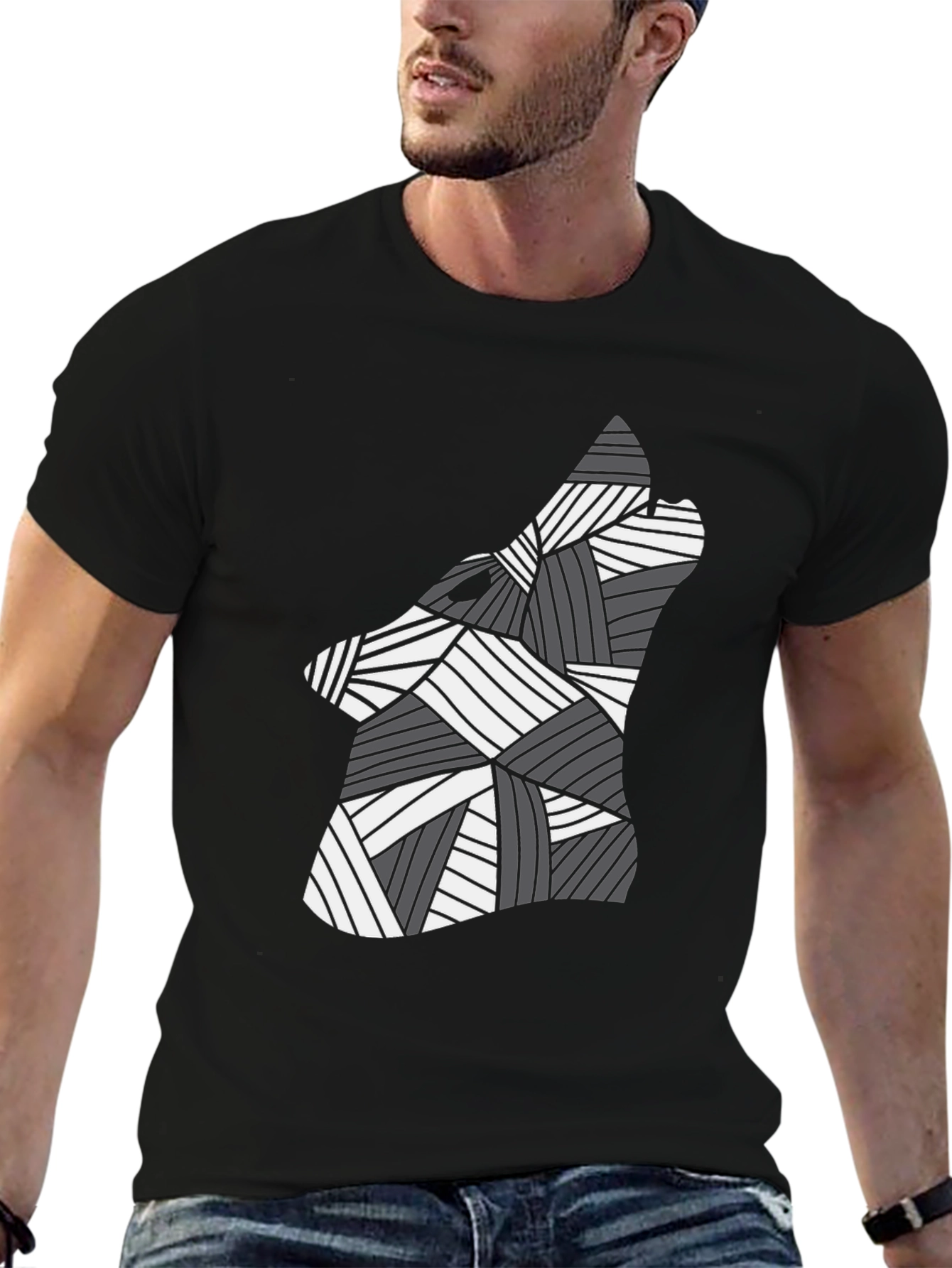 Black Abstract Geometric Wolf Graphic Black Tee Shirt view 6