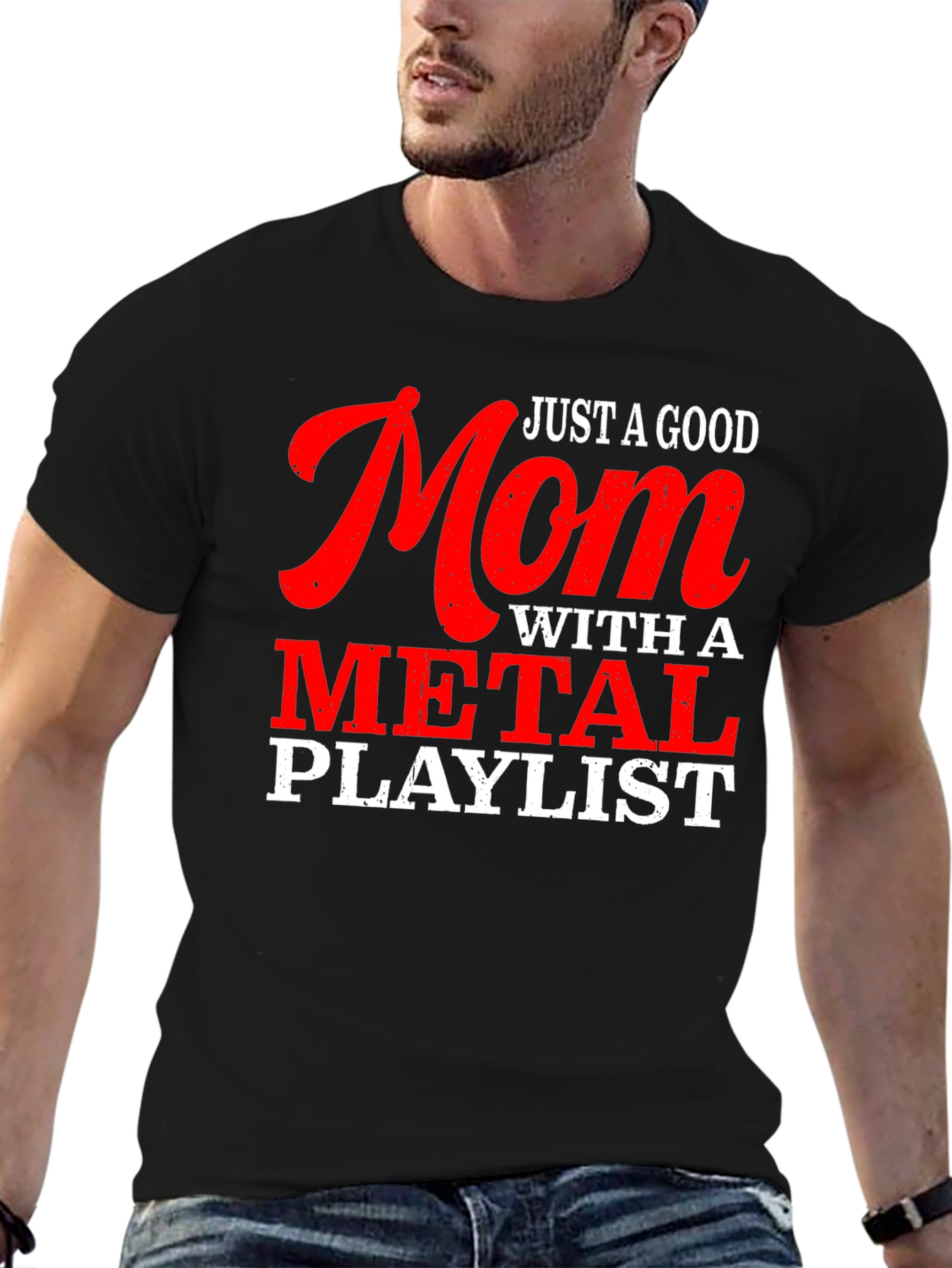 Black Just a Good Mom with a Metal Playlist T-Shirt view 6