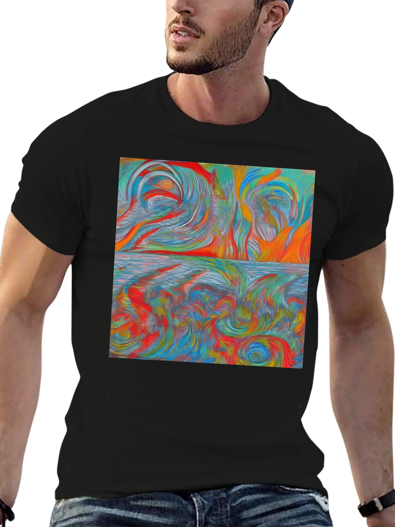 Black Abstract Swirl Art T-Shirt view 6