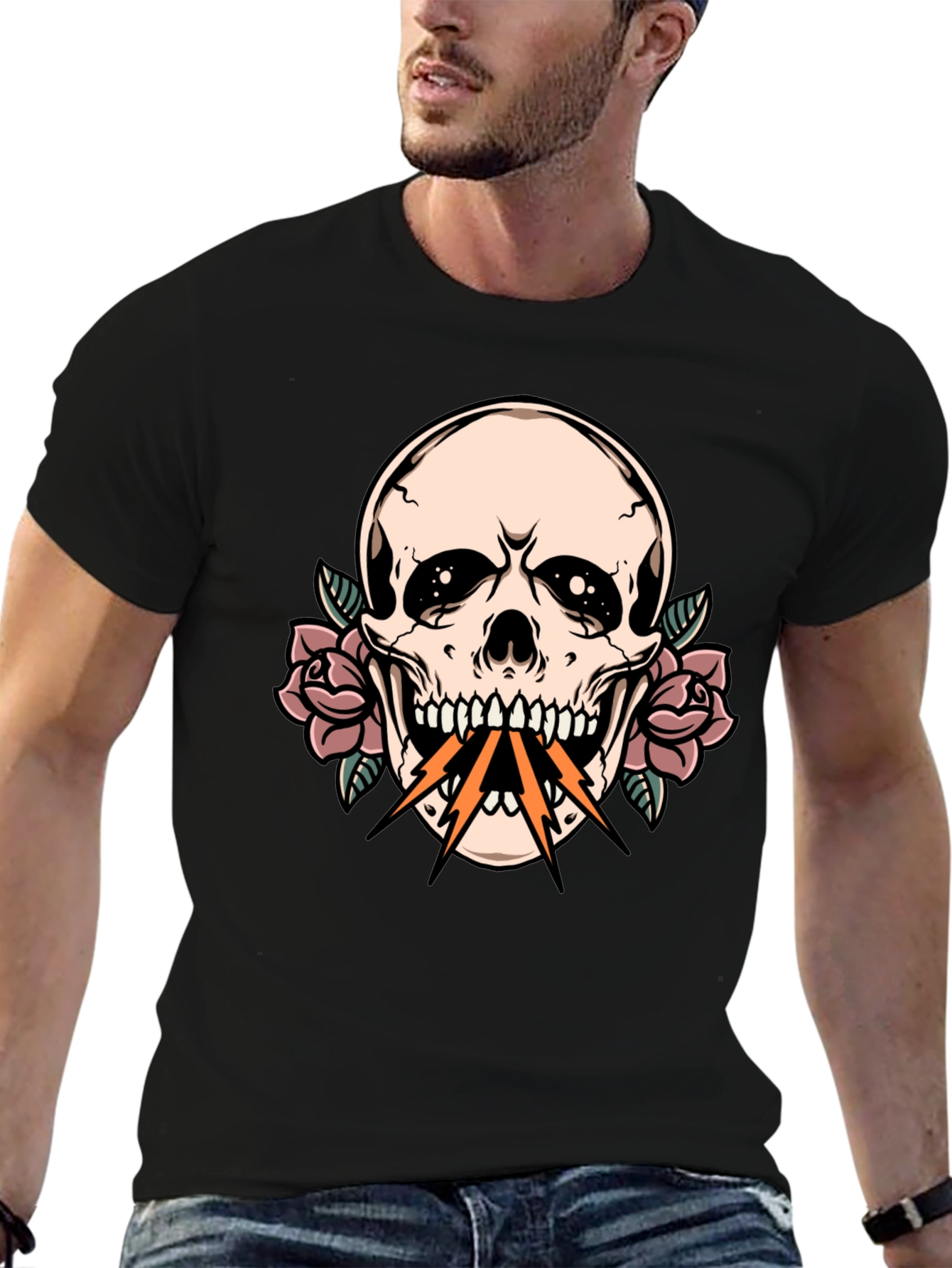 Black Skull & Roses Graphic Tee - Edgy Streetwear view 6