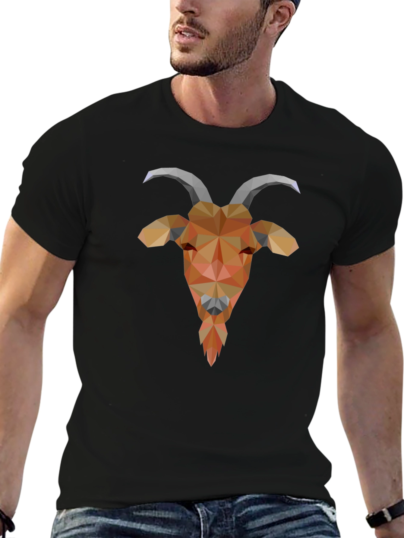 Black Geometric Goat Head Black Tee - Stylish Polygonal Design view 6