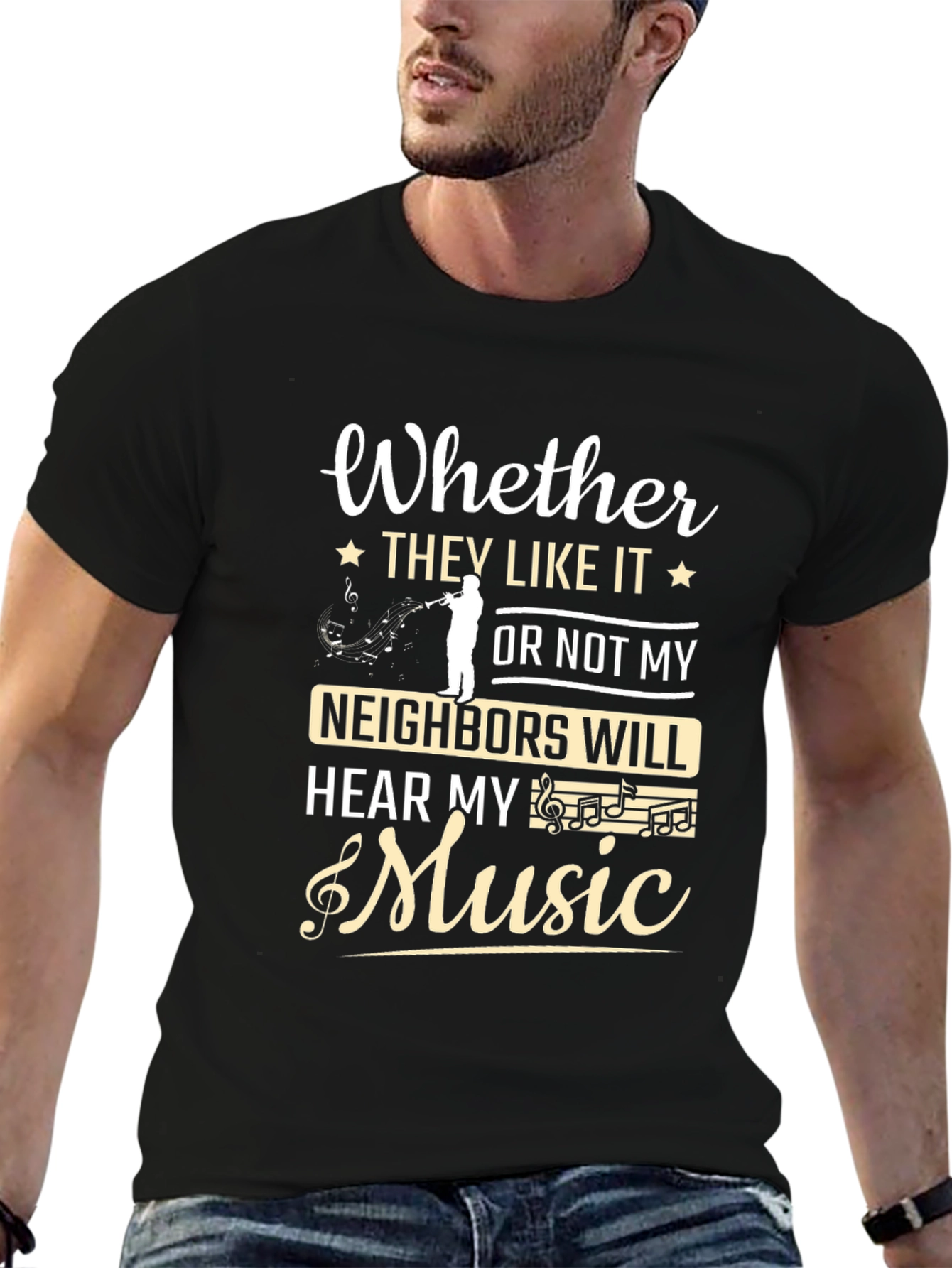 Black Funny Music Lover T-Shirt - Neighbors Will Hear My Music view 6