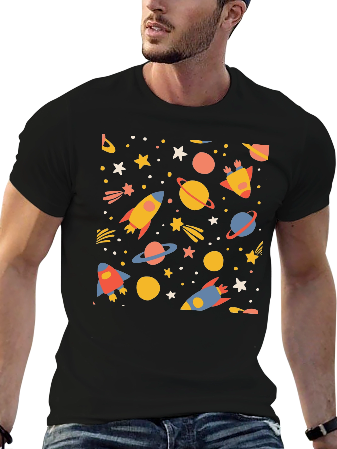 Black Cosmic Adventure T-Shirt - Space Rockets & Planets view 6