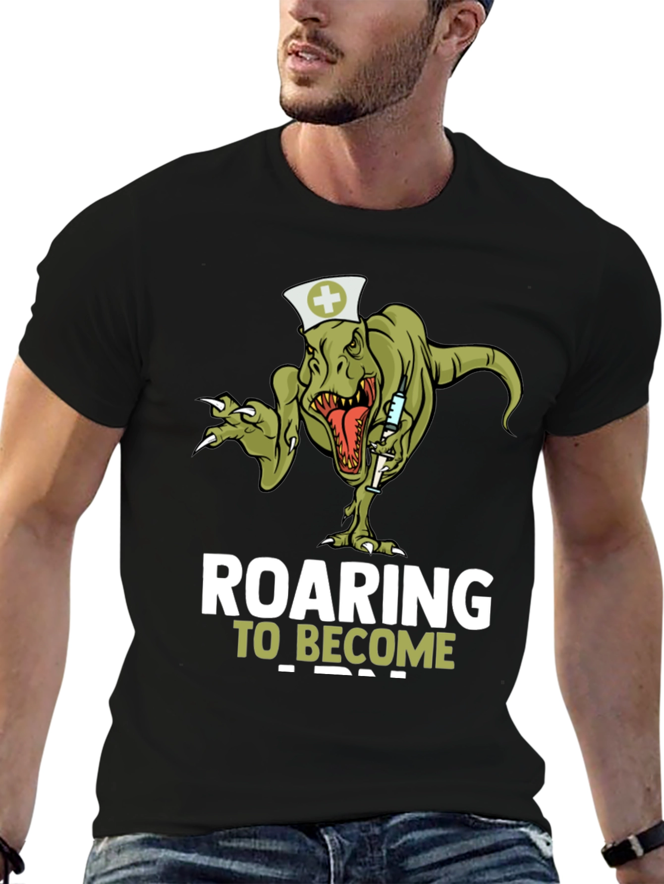 Black Roaring to Become a Nurse T-Shirt - Dinosaur Nurse Tee view 6