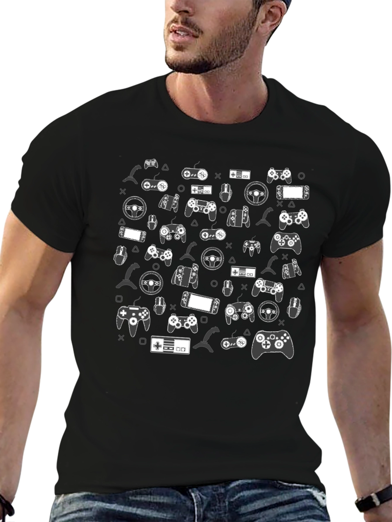 Black Gamer Pattern Black T-Shirt view 6