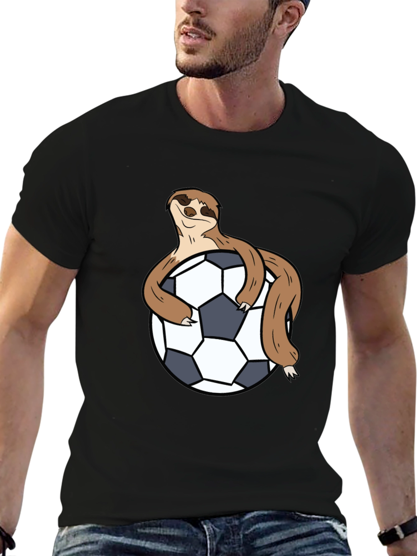 Black Sloth Hugging Soccer Ball Black T-Shirt view 6
