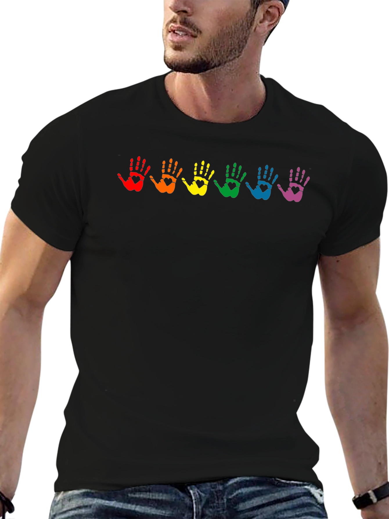 Black Rainbow Handprint Heart Graphic T-Shirt view 6
