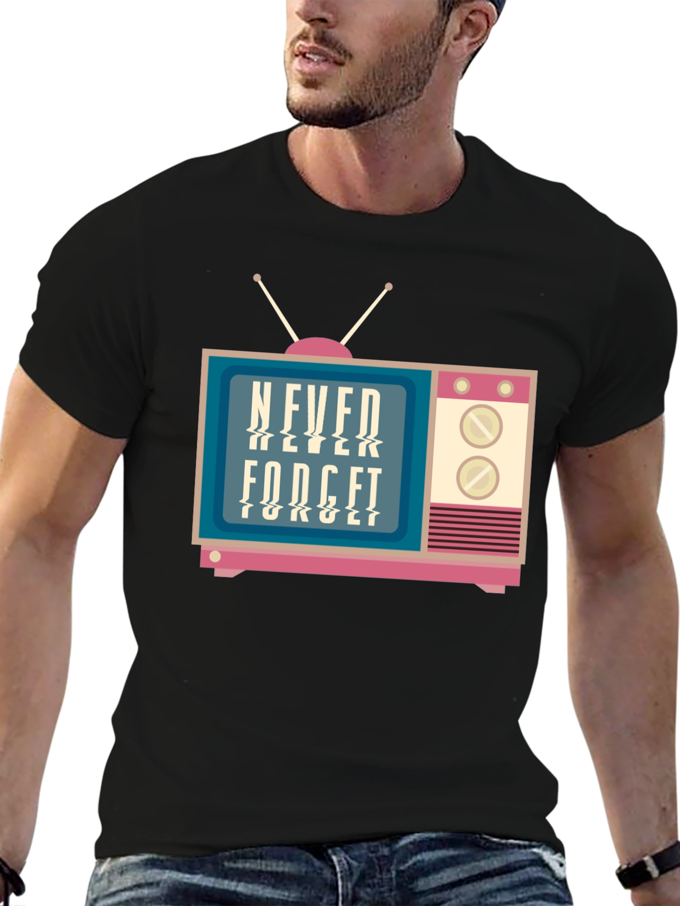 Black Retro TV Never Forget Graphic Tee view 6