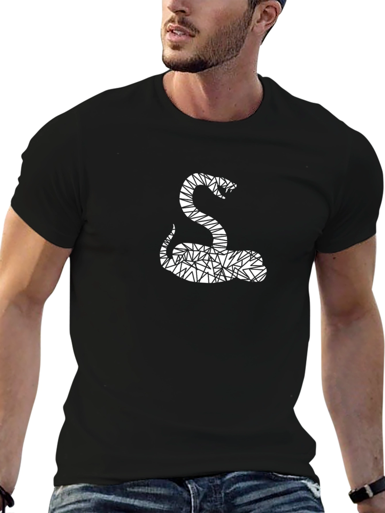 Black Geometric Snake Graphic Tee - Black Cotton Blend view 6