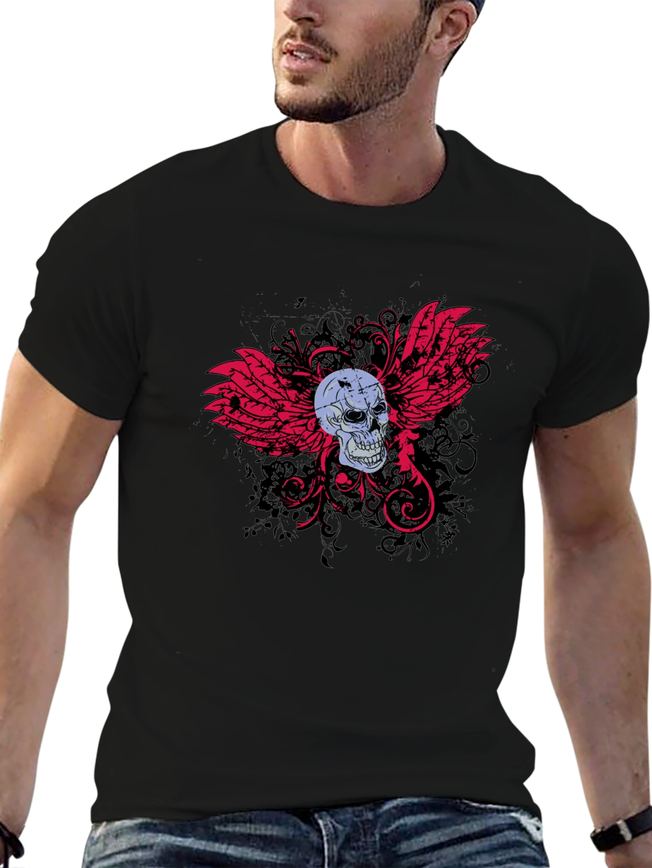 Black Skull & Wings Graphic T-Shirt - Edgy Design view 6