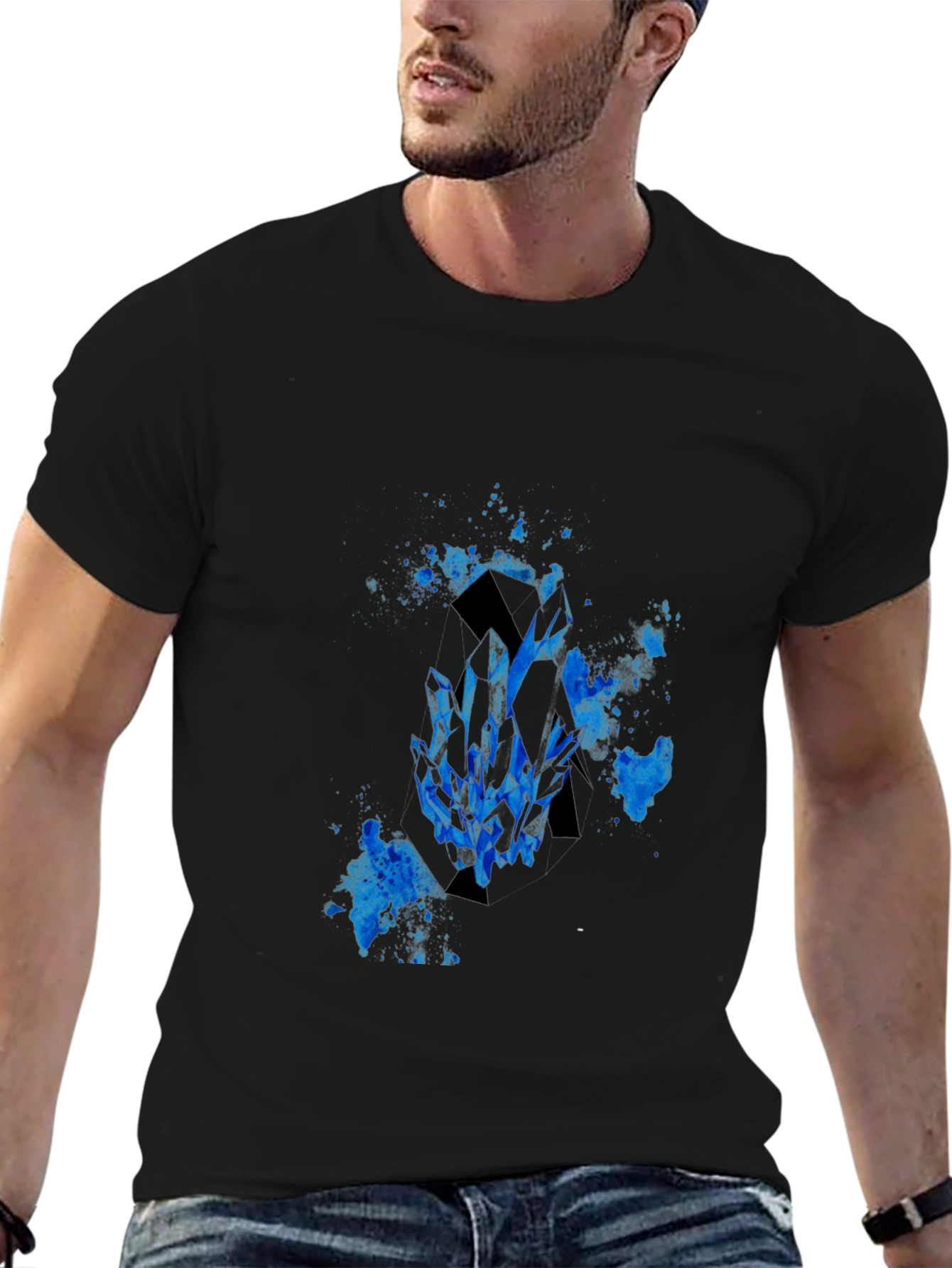Black Men's Black T-Shirt with Blue Crystal Graphic view 6
