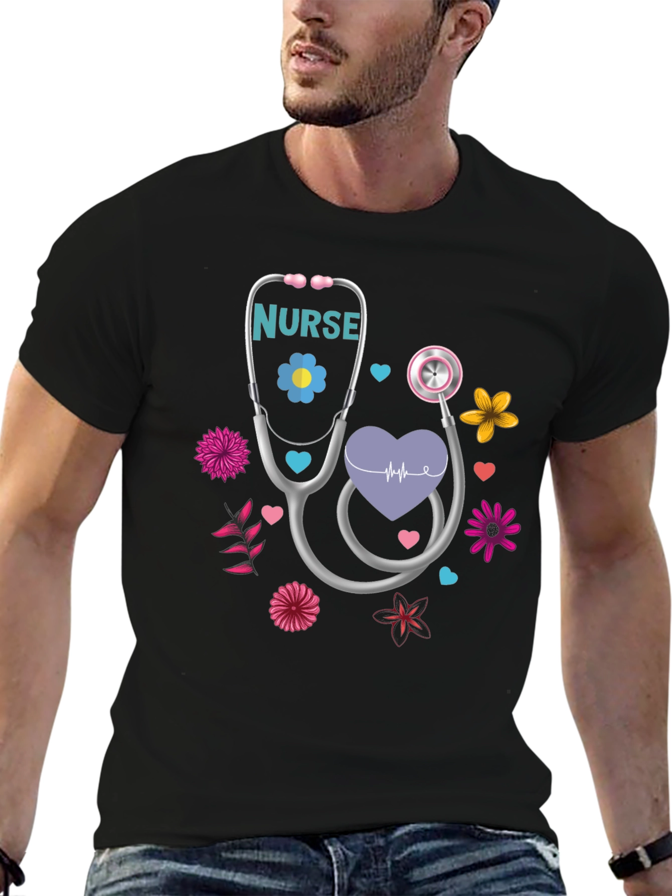 Black Nurse Stethoscope Floral Heart T-Shirt view 6