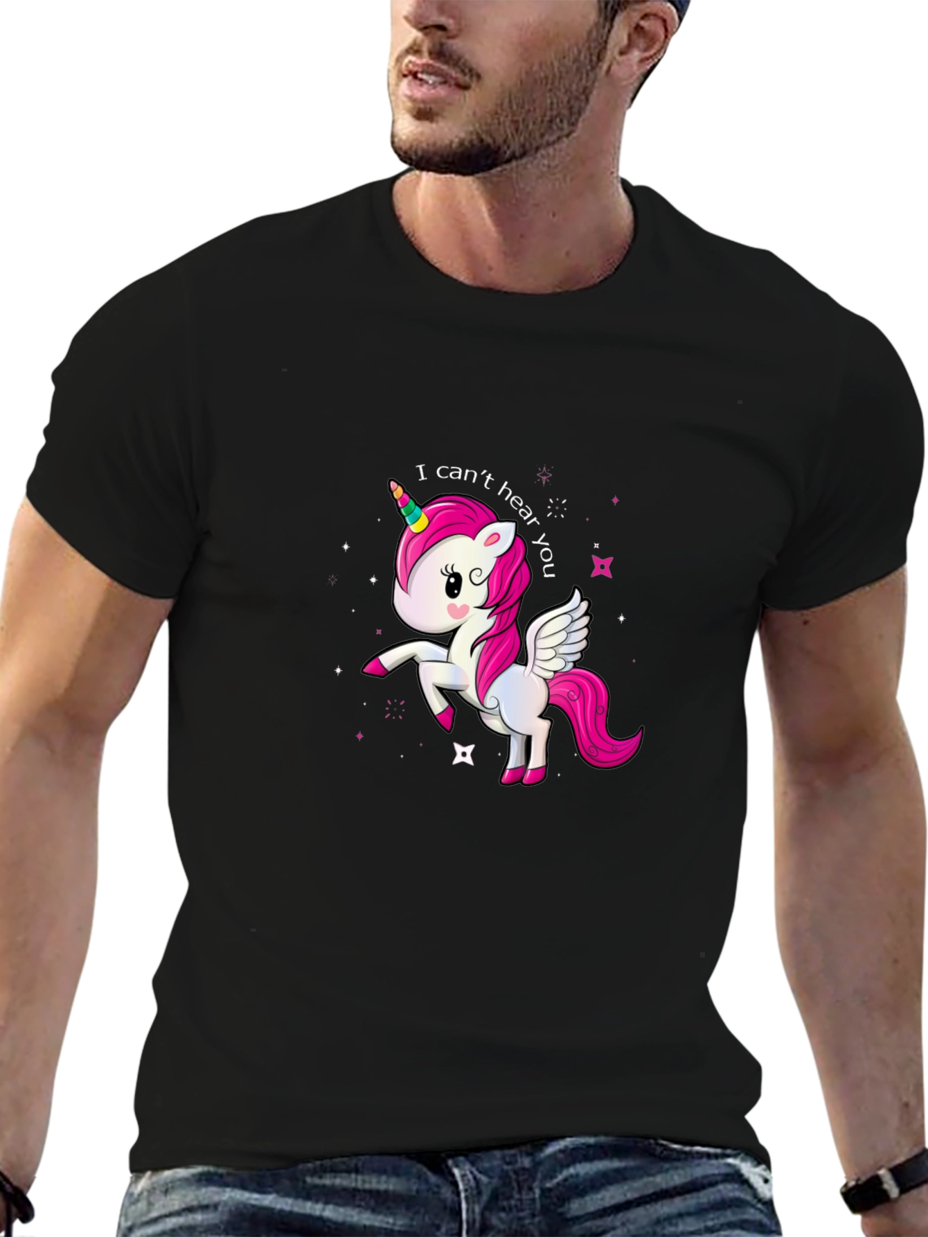 Black Cute Unicorn 'I Can't Hear You' Black T-Shirt view 6