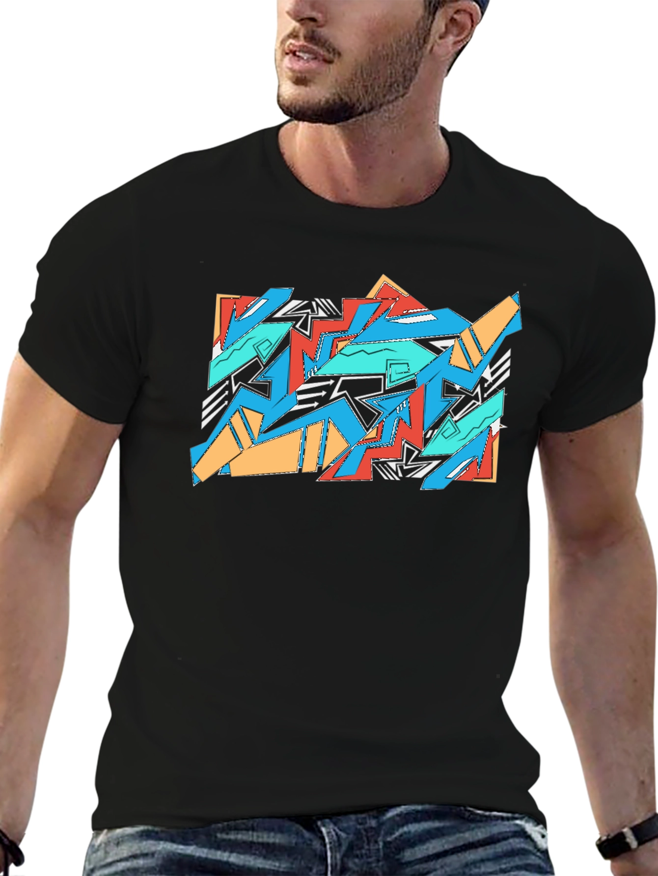 Black Bold Geometric Black T-Shirt view 6