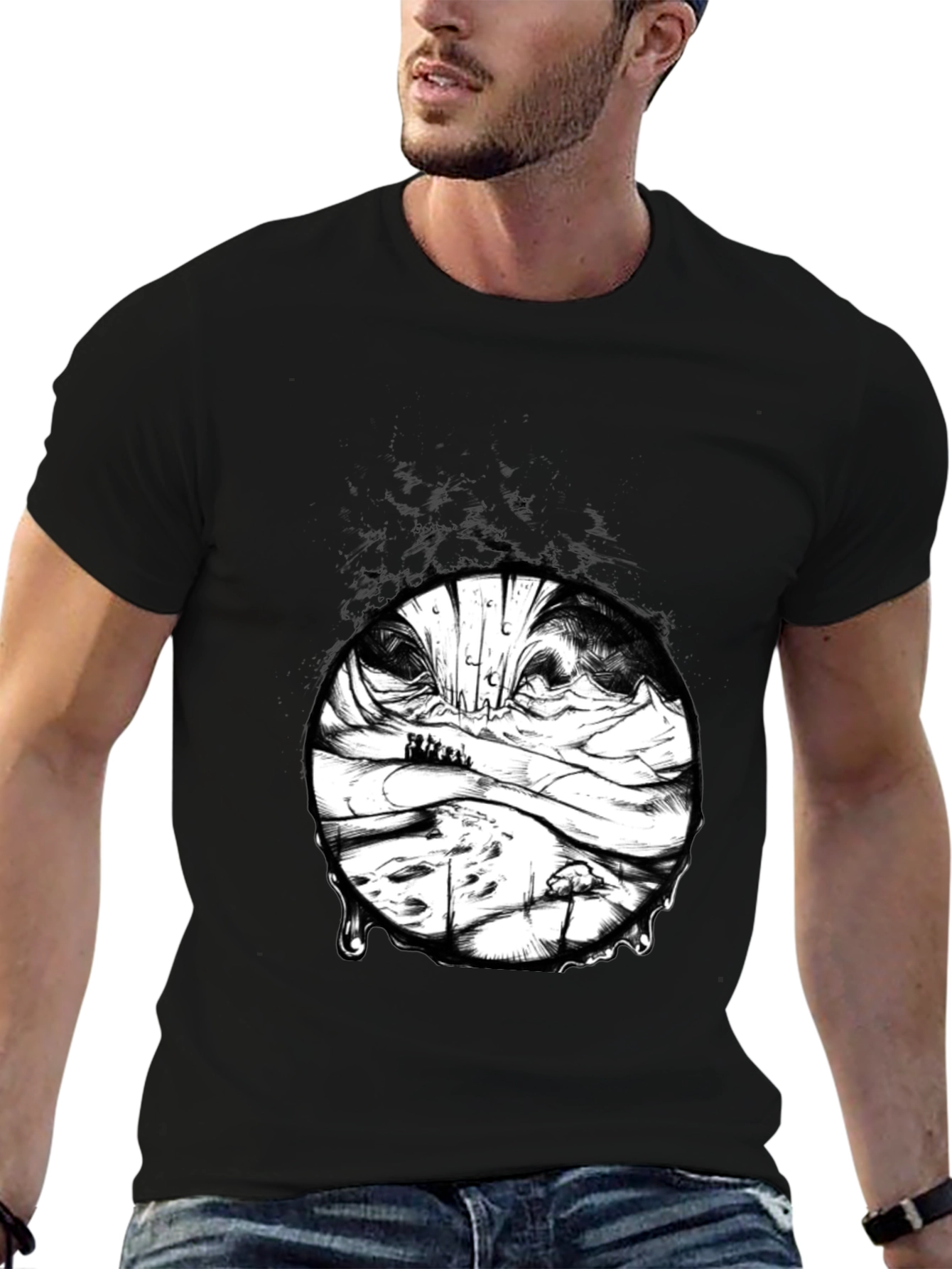 Black Artistic Black T-Shirt with Surreal Landscape Print view 6